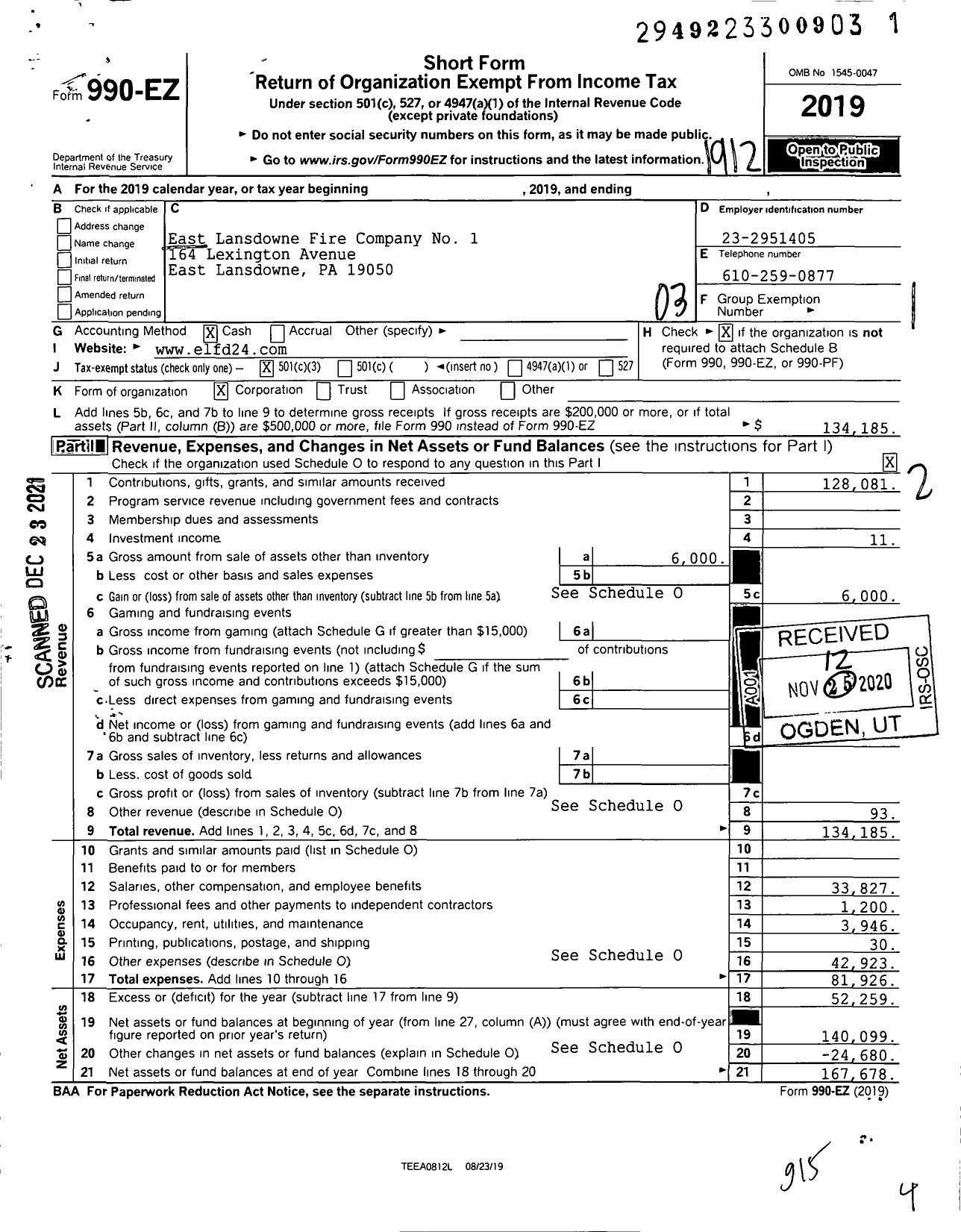 Image of first page of 2019 Form 990EZ for East Lansdowne Fire Company No 1