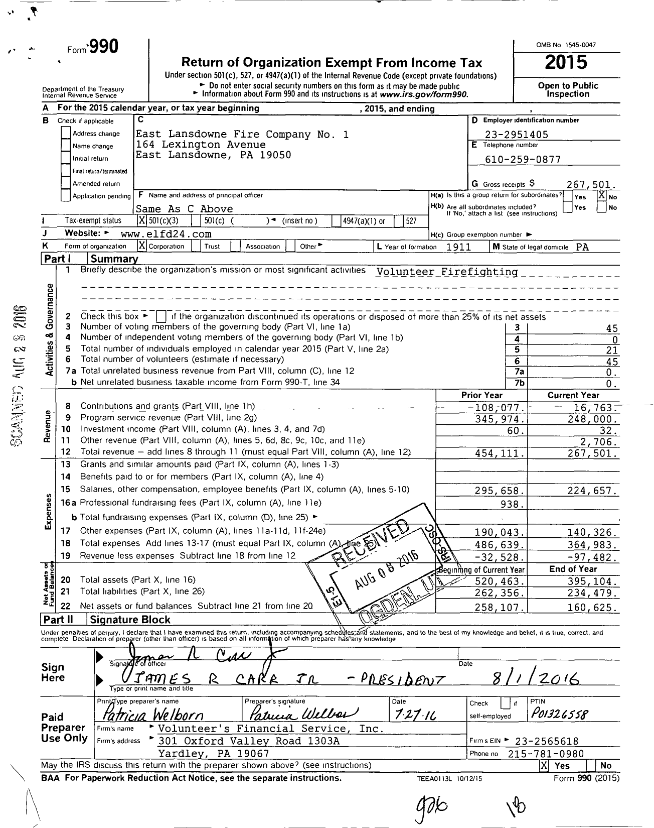 Image of first page of 2015 Form 990 for East Lansdowne Fire Company No 1