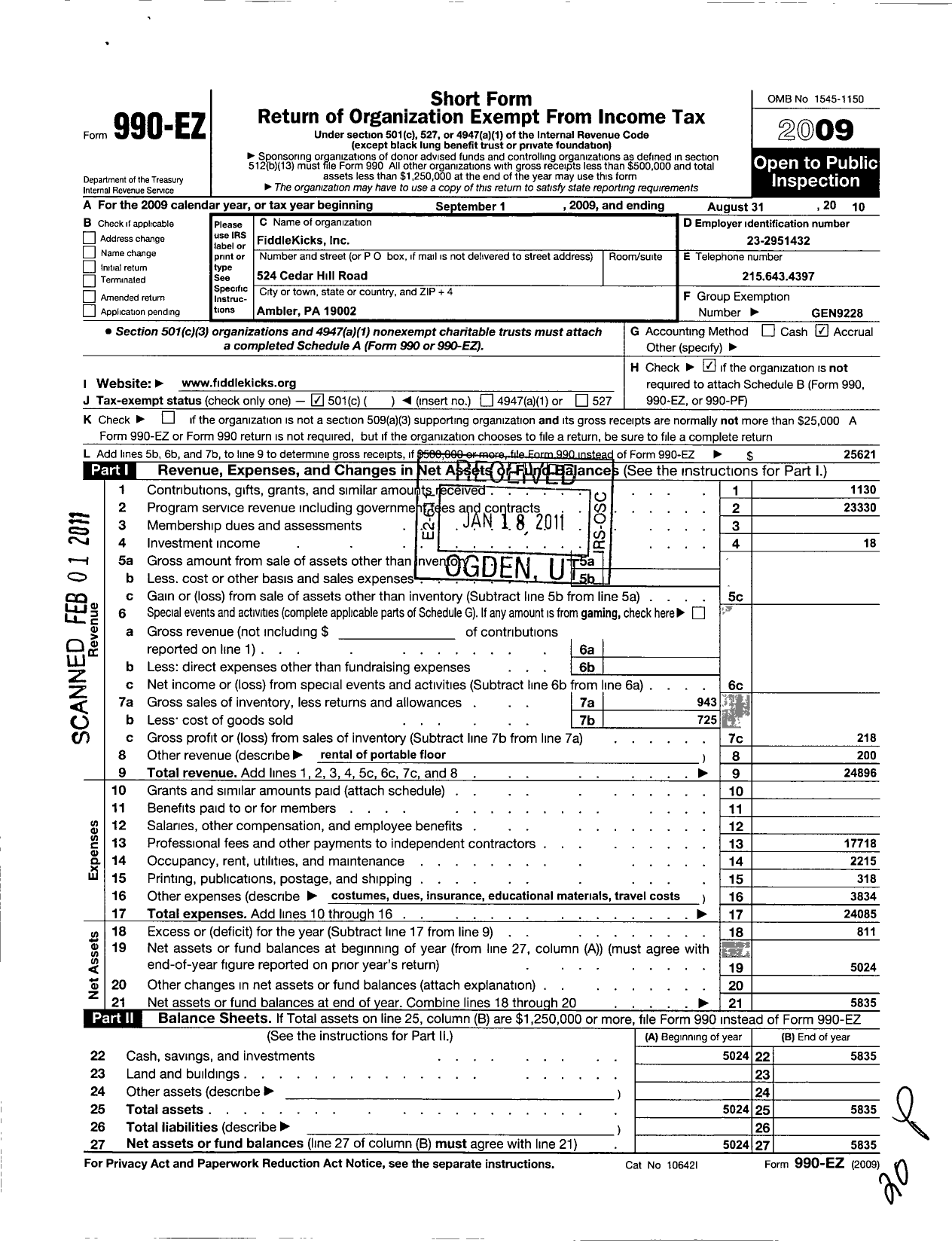 Image of first page of 2009 Form 990EO for Country Dance and Song Society / Fiddle Kicks