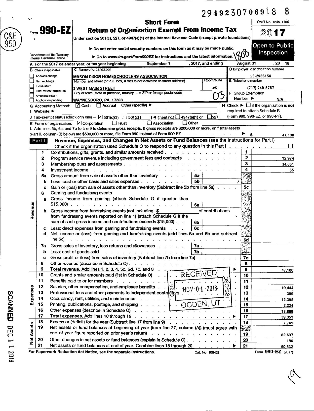 Image of first page of 2017 Form 990EZ for Mason Dixon Homeschoolers