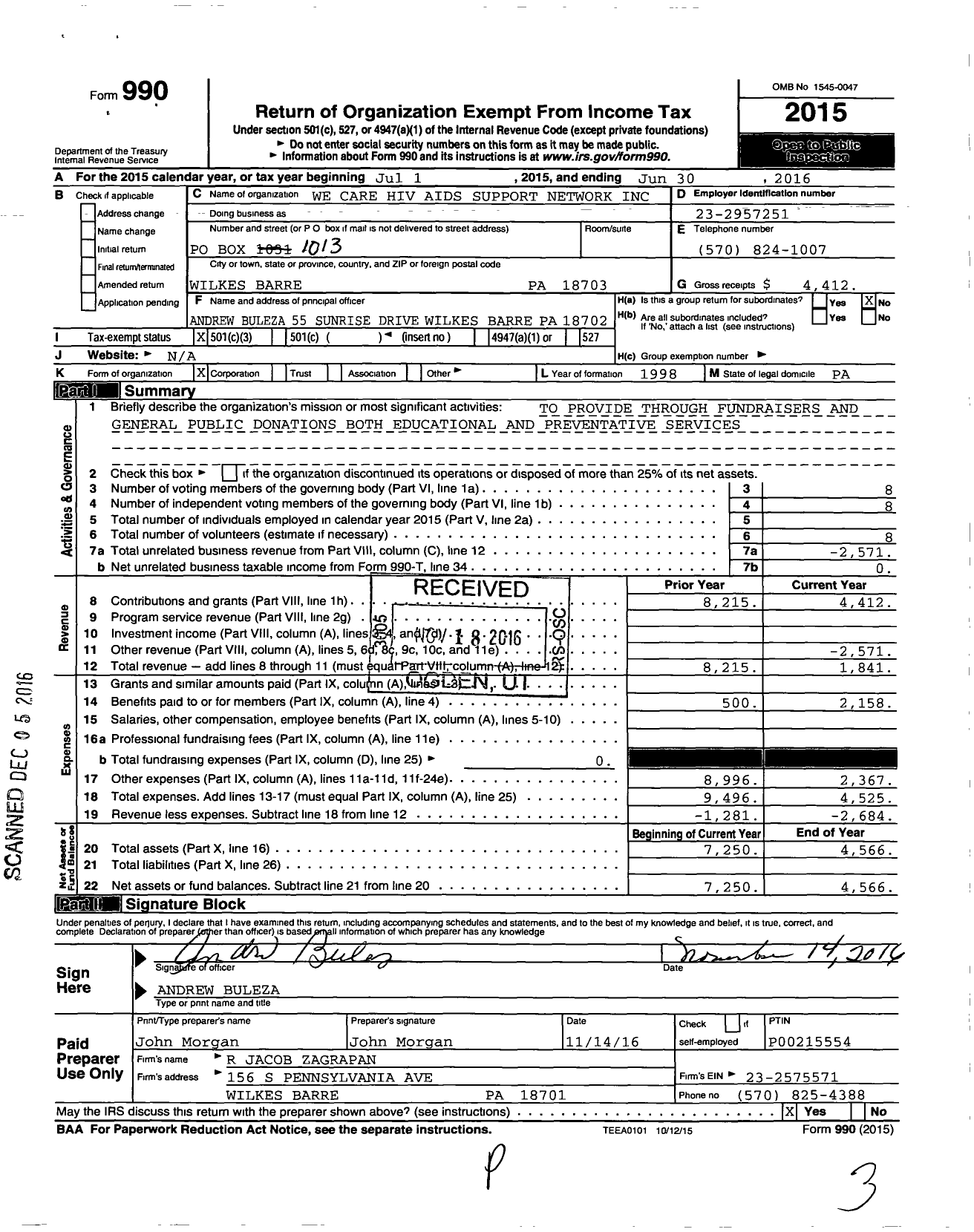 Image of first page of 2015 Form 990 for We Care Hiv Aids Network