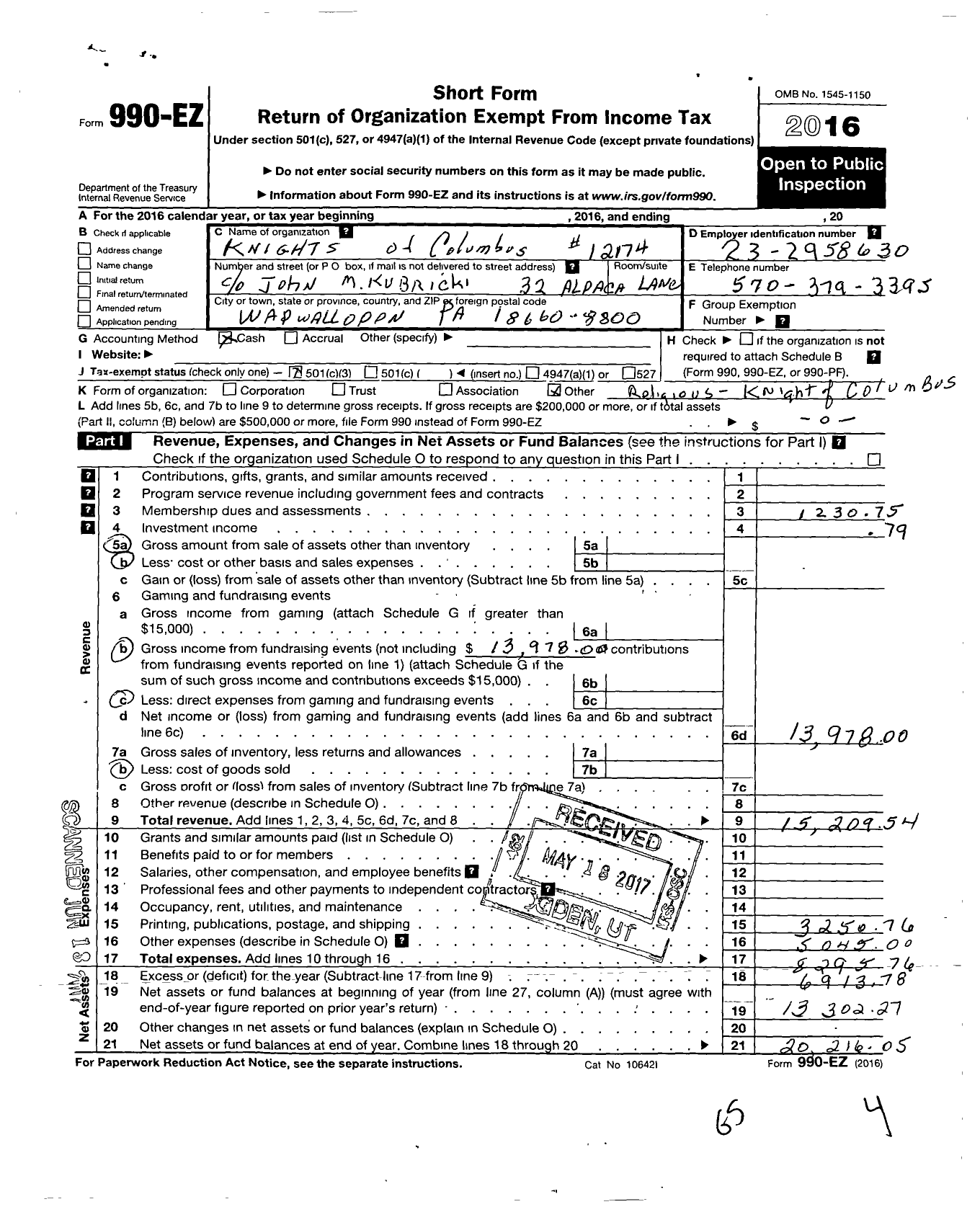 Image of first page of 2016 Form 990EZ for Knights of Columbus - 12174 St Marys of Dorrance Council