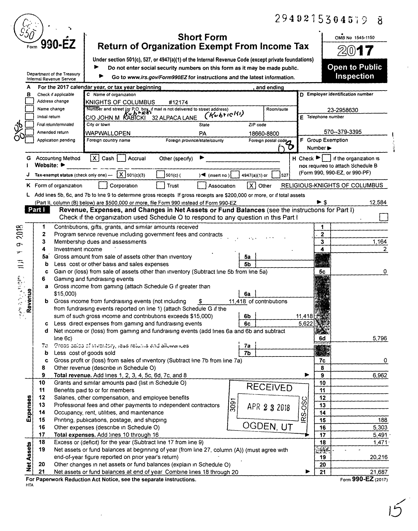 Image of first page of 2017 Form 990EO for Knights of Columbus - 12174 St Marys of Dorrance Council