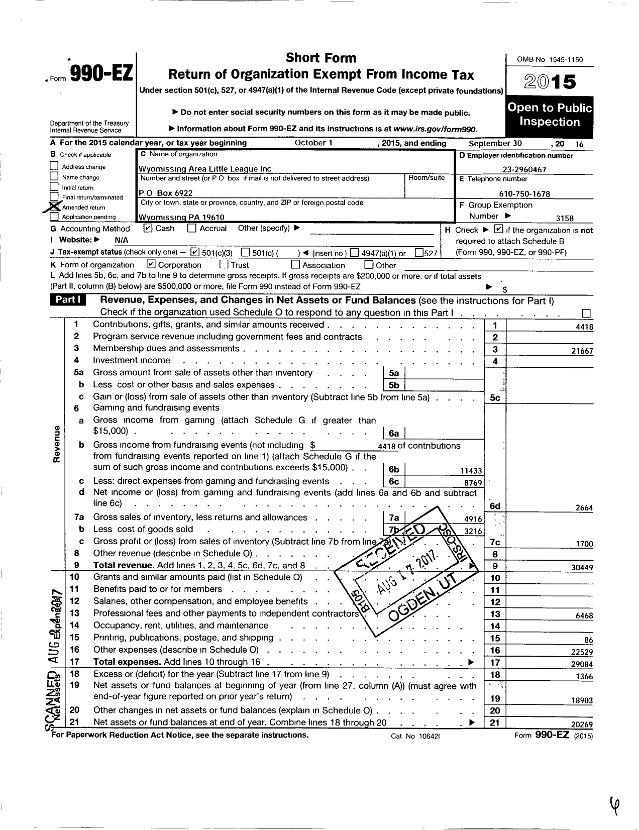 Image of first page of 2015 Form 990EZ for Little League Baseball - 2382302 Wyomissing Area LL