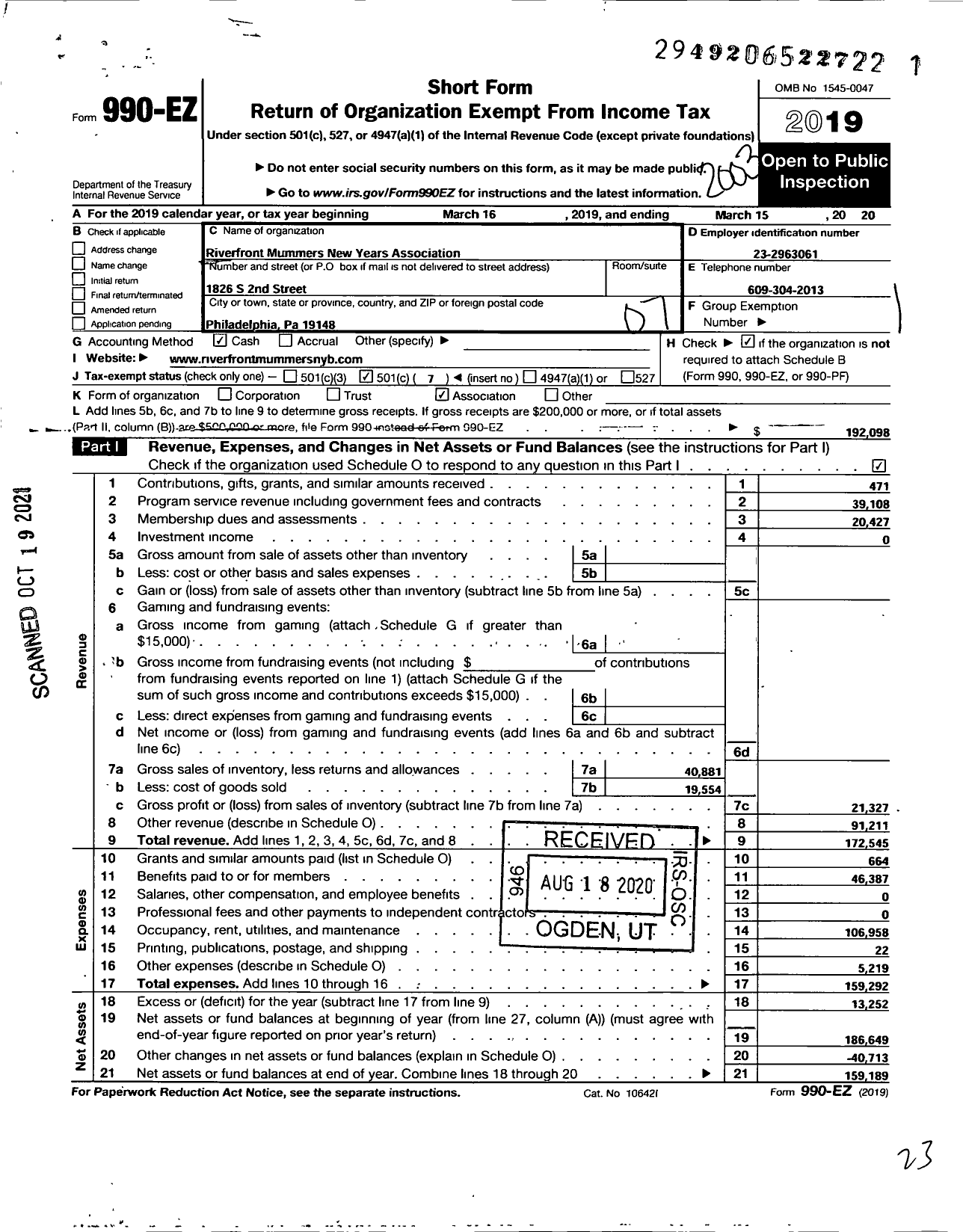 Image of first page of 2019 Form 990EO for Riverfront Mummers New Years Association