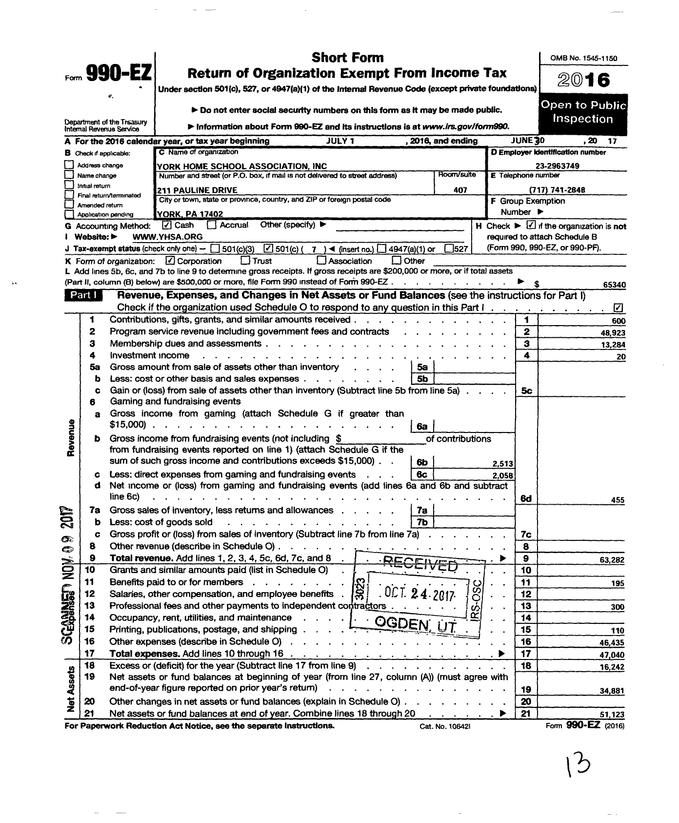 Image of first page of 2016 Form 990EO for York Home School Association