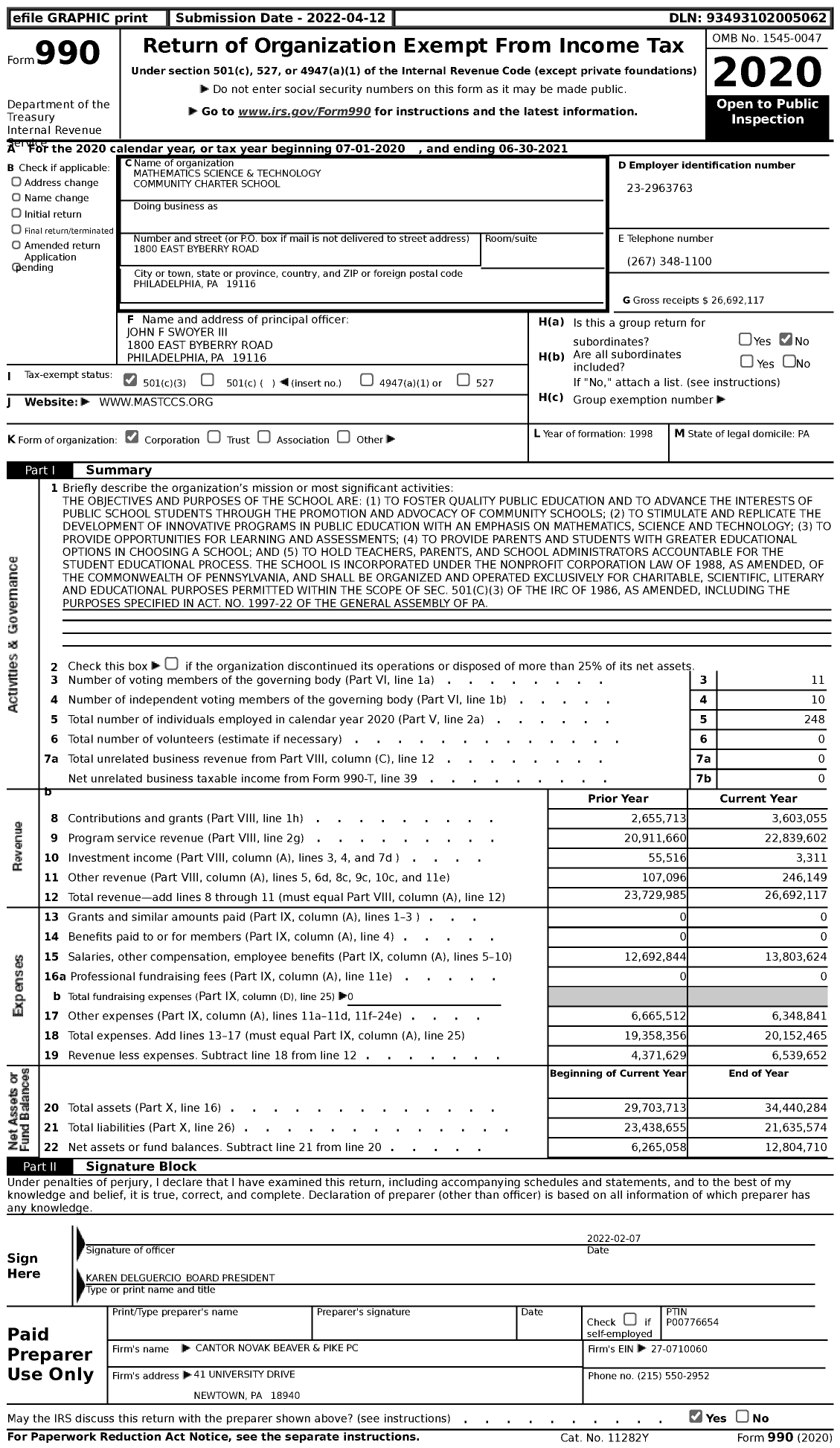 Image of first page of 2020 Form 990 for Mathematics Science and Technology Community Charter School