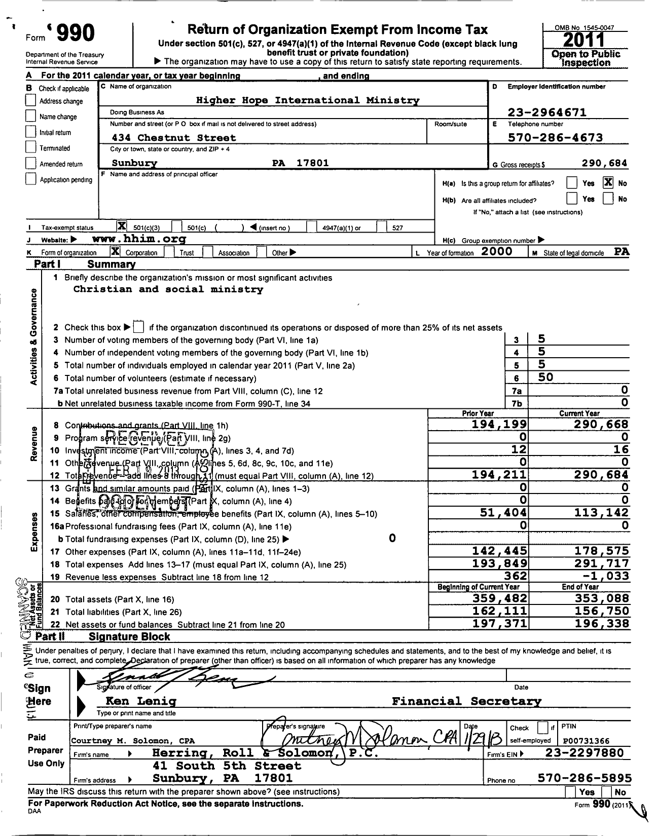 Image of first page of 2011 Form 990 for Higher Hope International Ministry