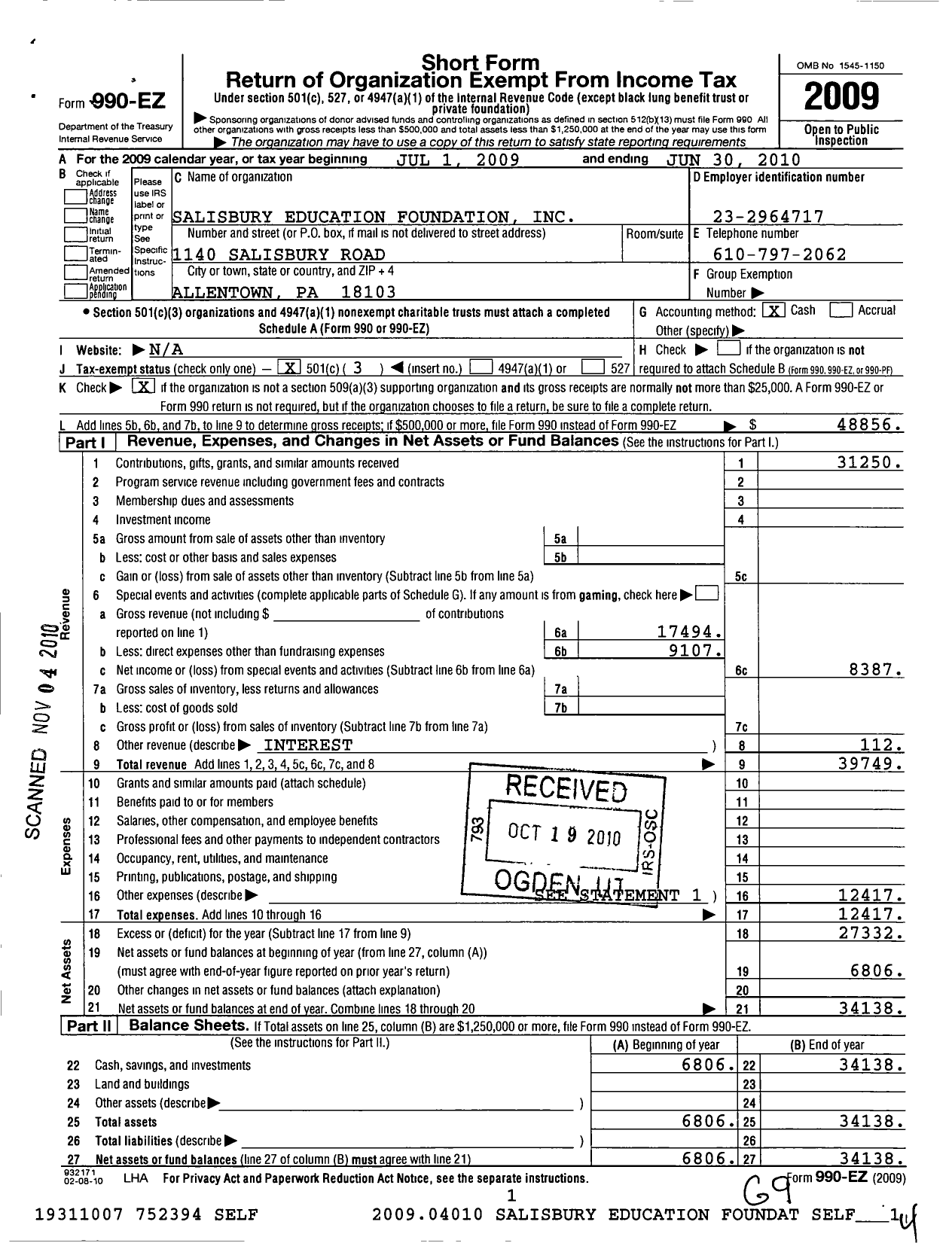 Image of first page of 2009 Form 990EZ for Salisbury Education Foundation