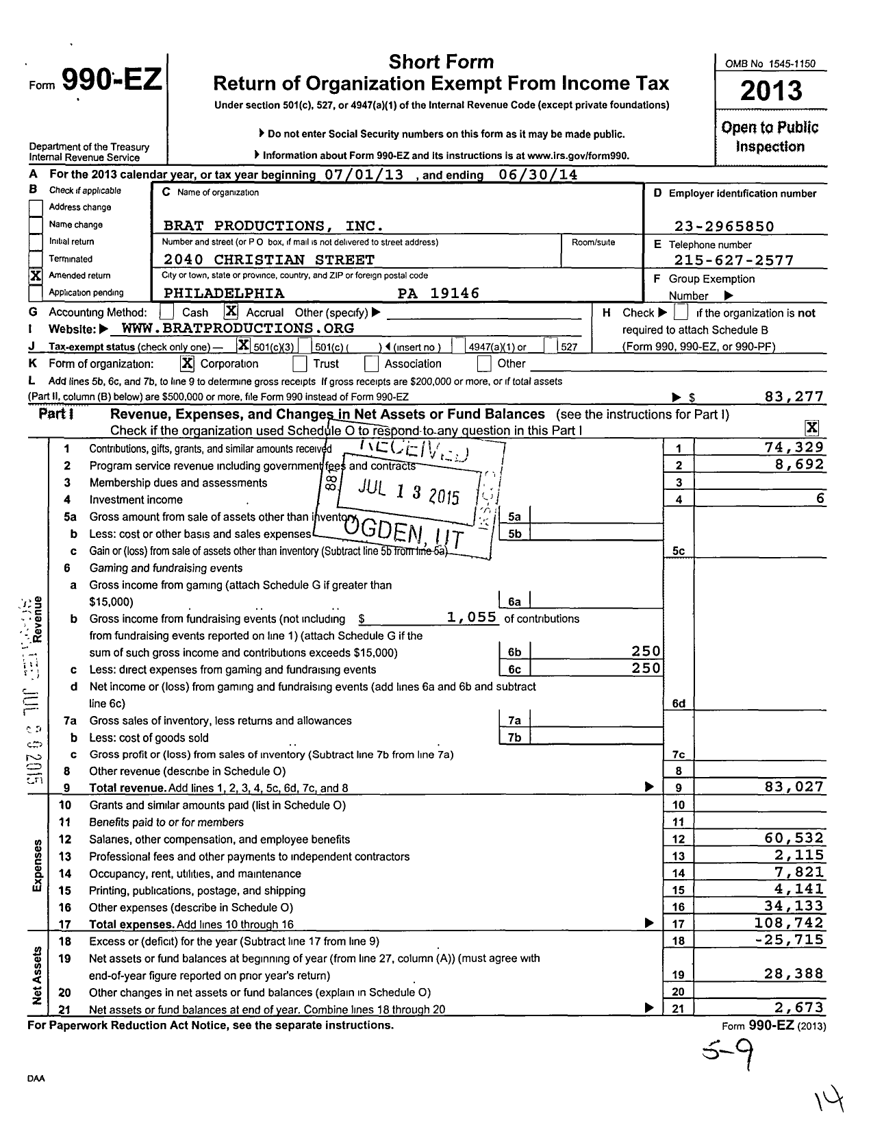 Image of first page of 2013 Form 990EZ for Brat Productions