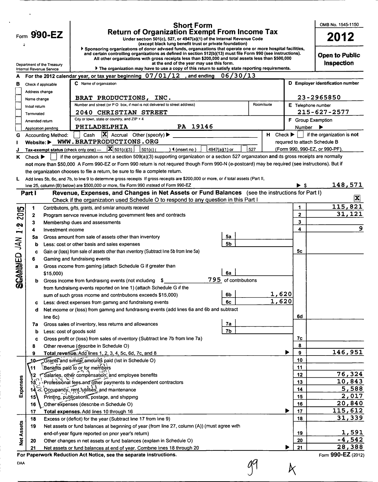 Image of first page of 2012 Form 990EZ for Brat Productions