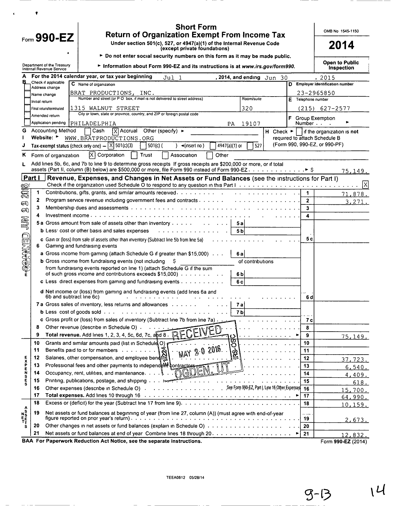 Image of first page of 2014 Form 990EZ for Brat Productions