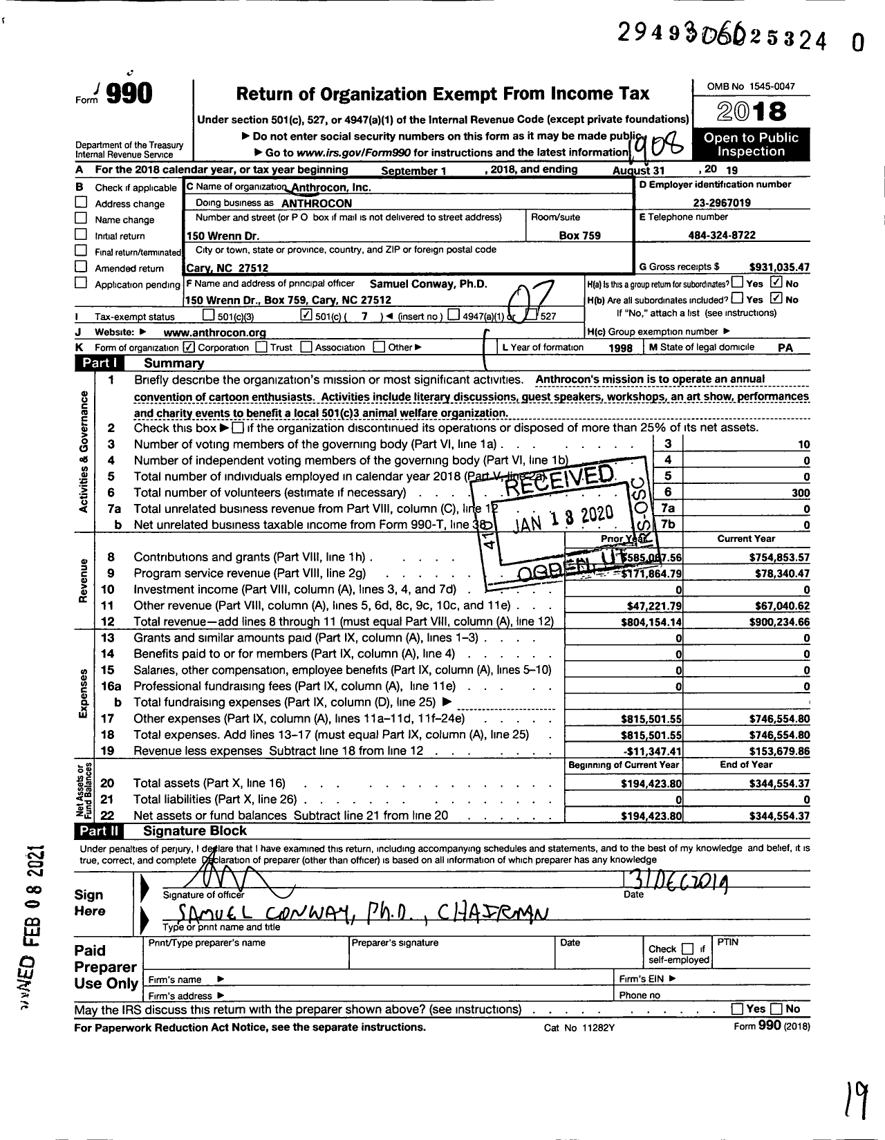 Image of first page of 2018 Form 990O for Anthrocon