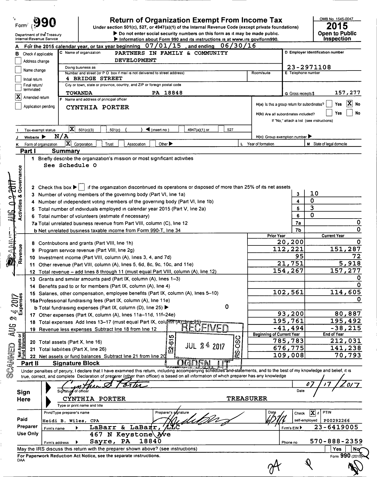 Image of first page of 2015 Form 990 for Partners in Family and Community Development