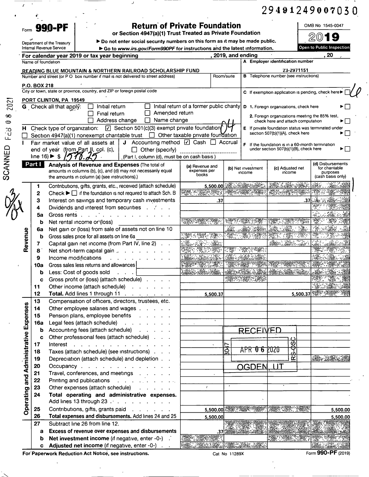 Image of first page of 2019 Form 990PF for Reading Blue Mountain and Northern Railroad Scholarship Fund