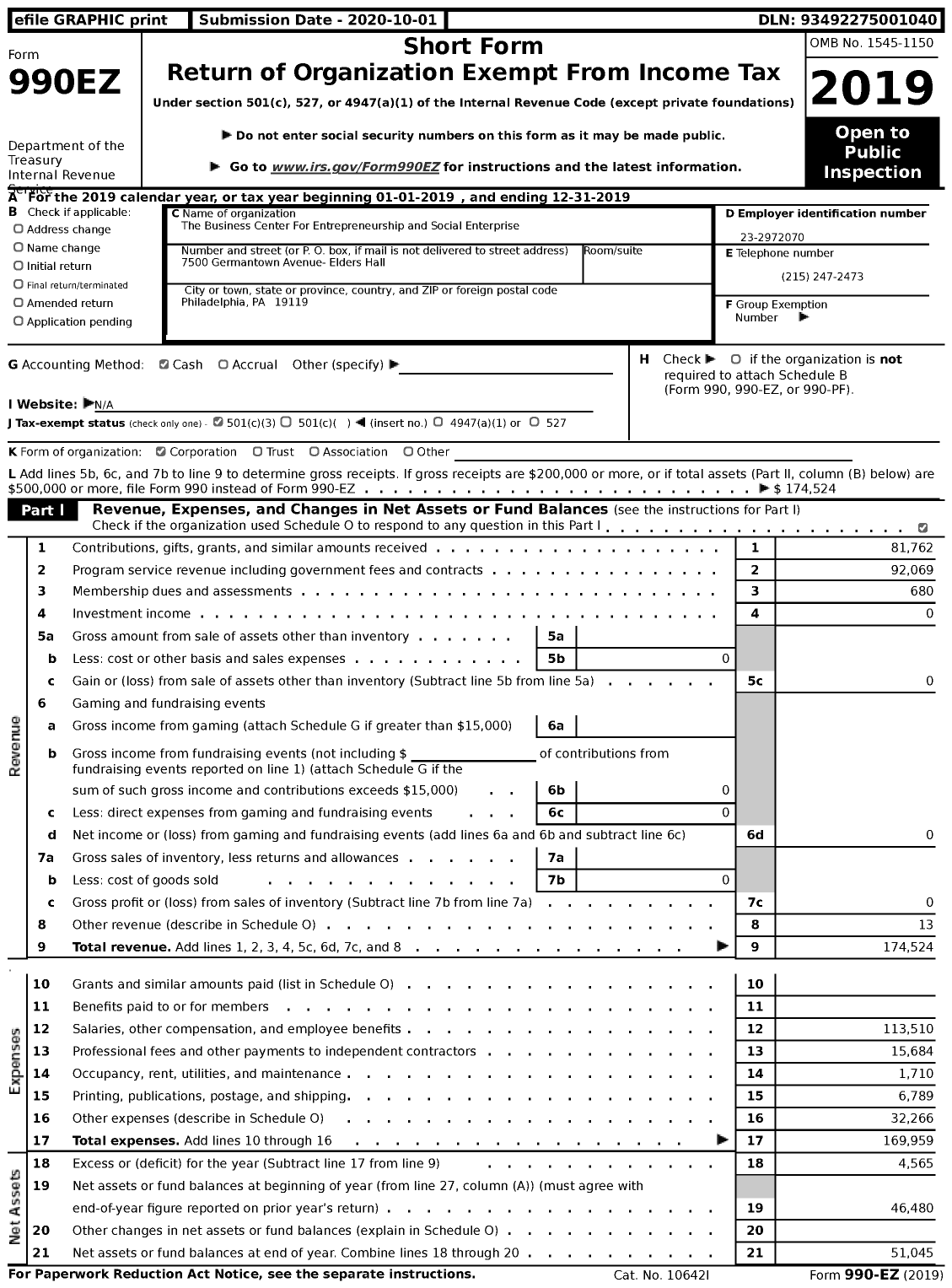 Image of first page of 2019 Form 990EZ for The Business Center For Entrepreneurship and Social Enterprise