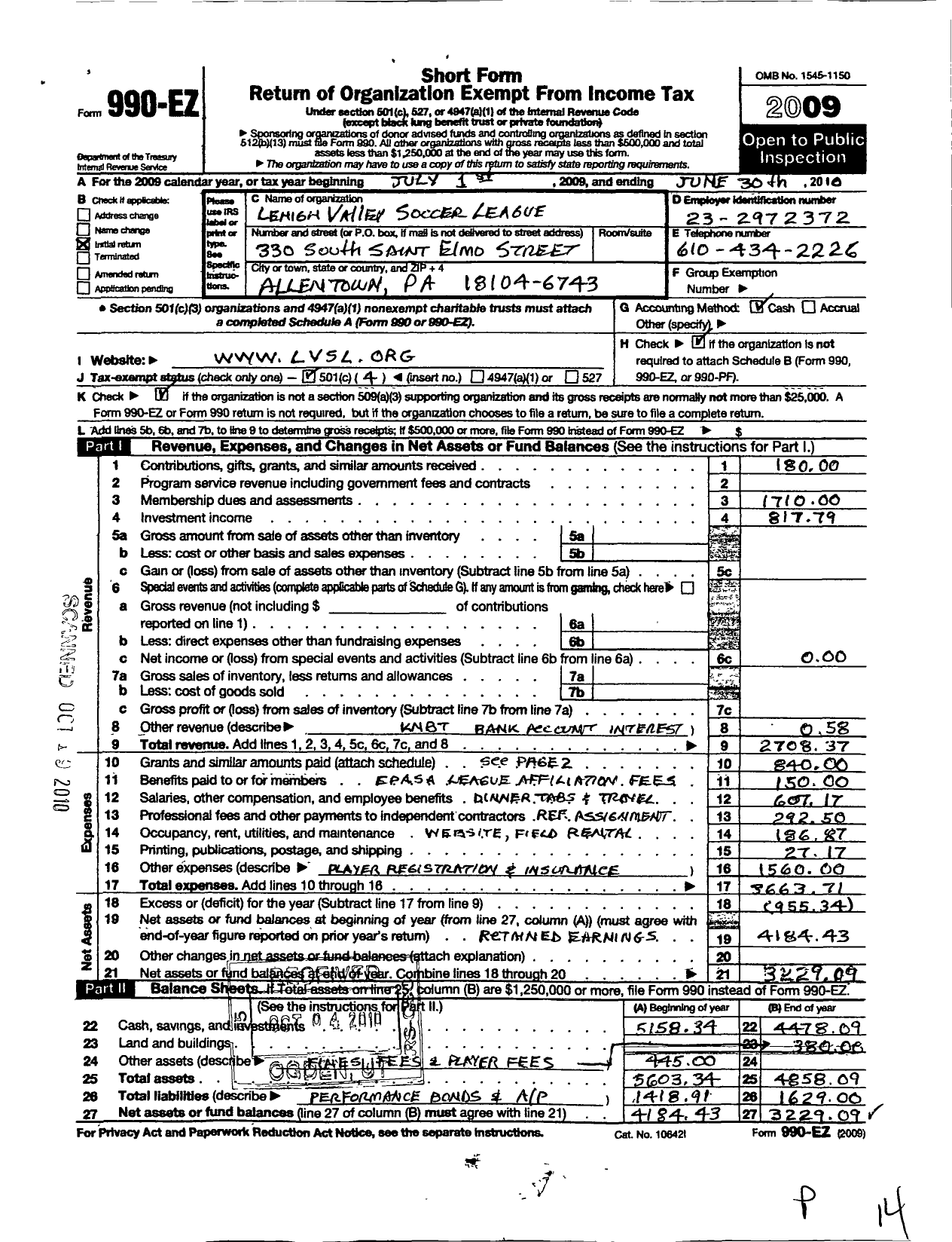 Image of first page of 2009 Form 990EO for Lehigh Valley Soccer League