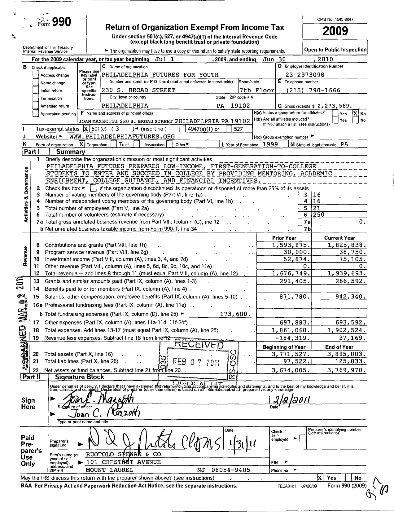 Image of first page of 2009 Form 990 for Philadelphia Futures for Youth