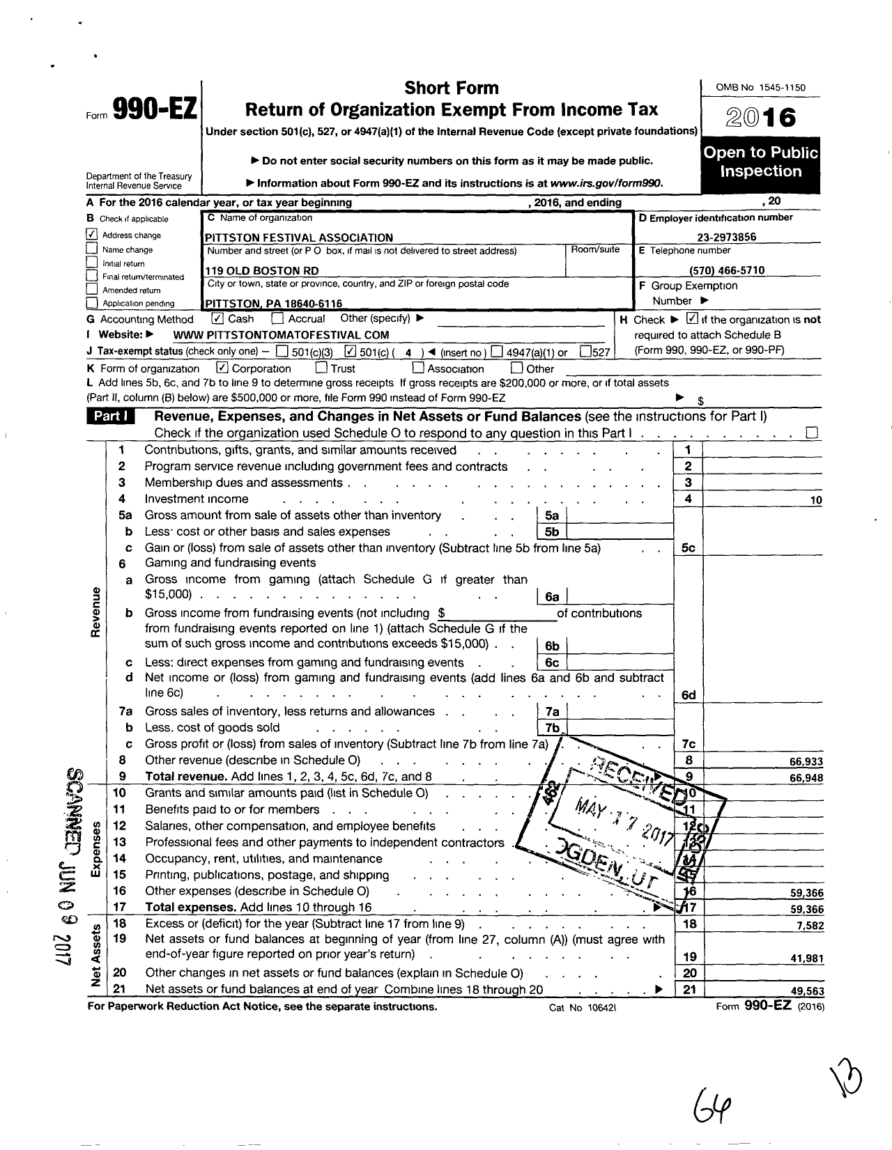 Image of first page of 2016 Form 990EO for Pittston Festival Association