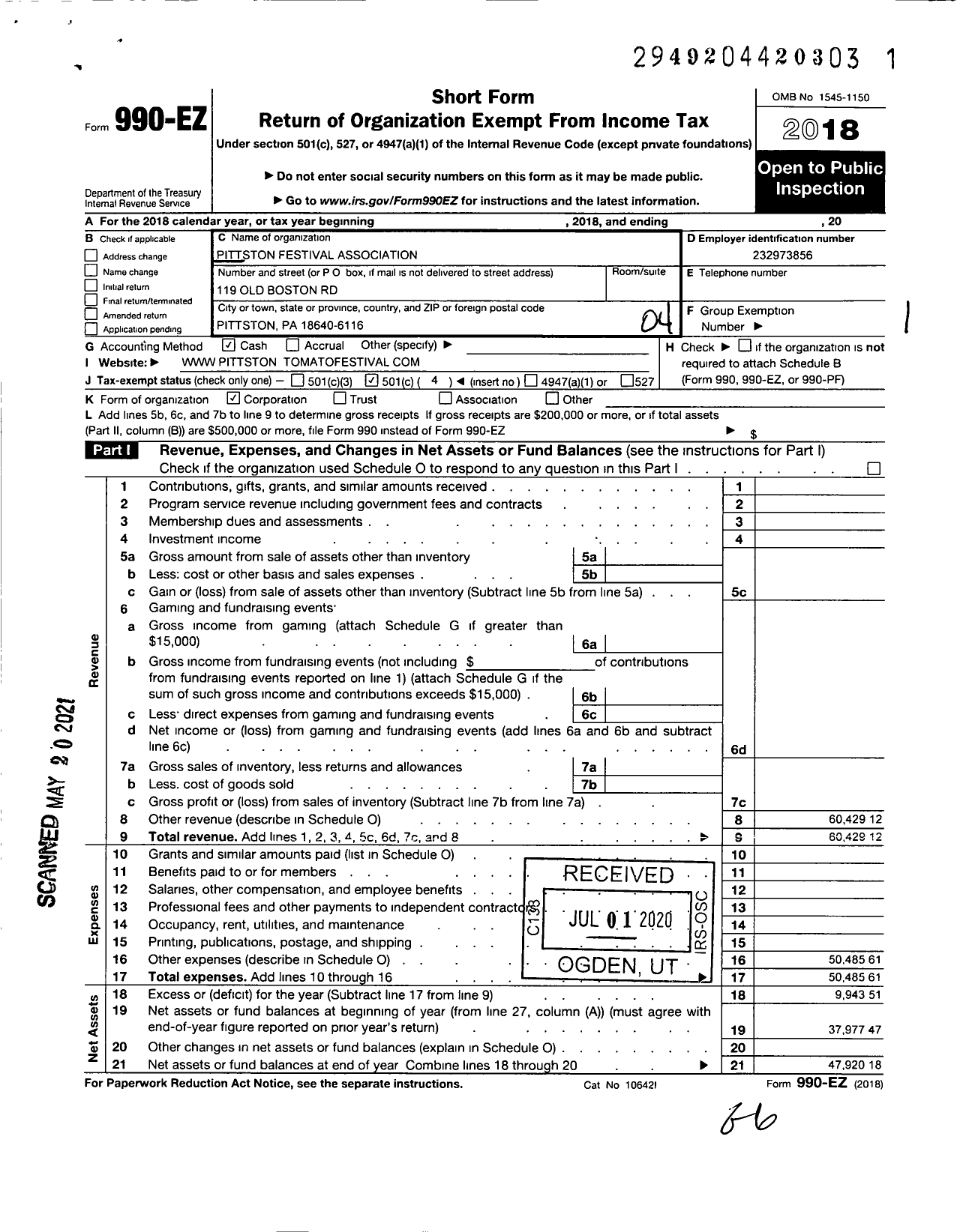 Image of first page of 2018 Form 990EO for Pittston Festival Association