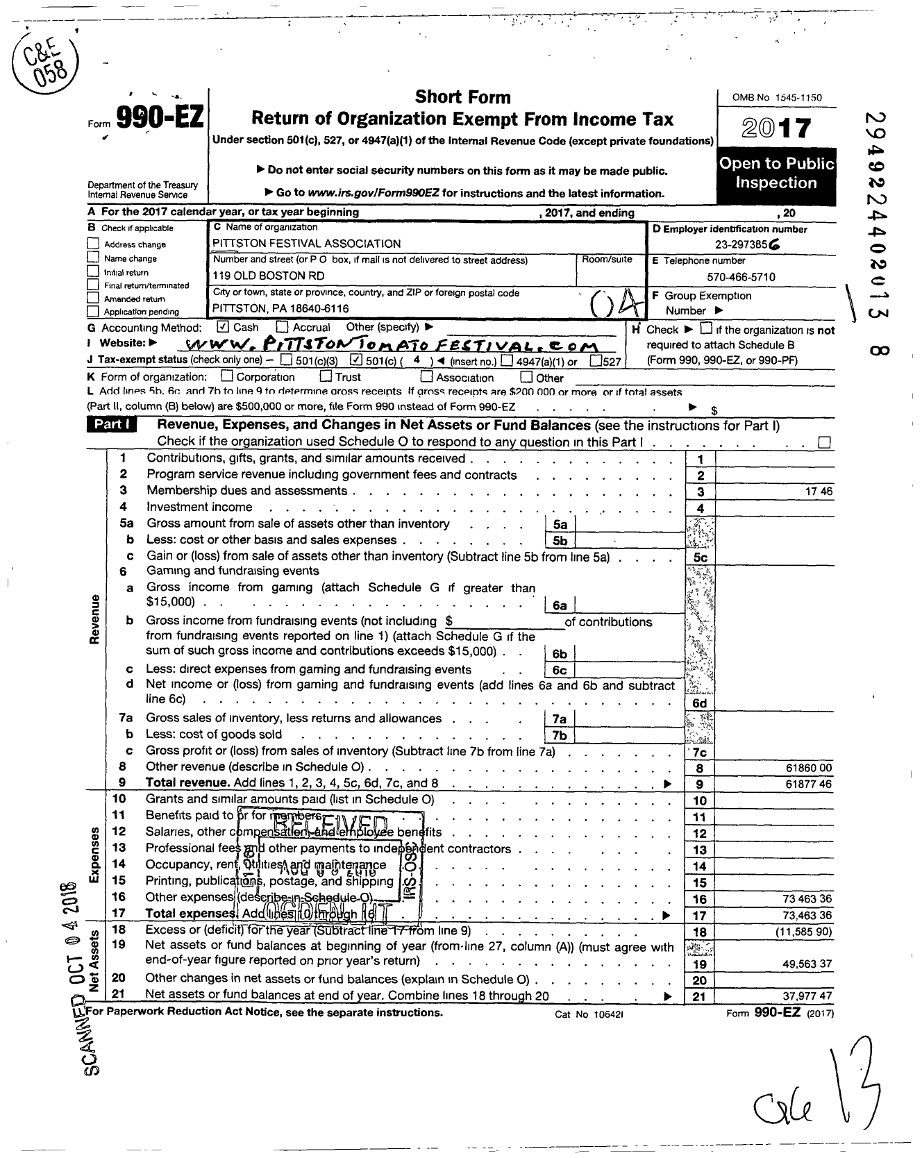 Image of first page of 2017 Form 990EO for Pittston Festival Association