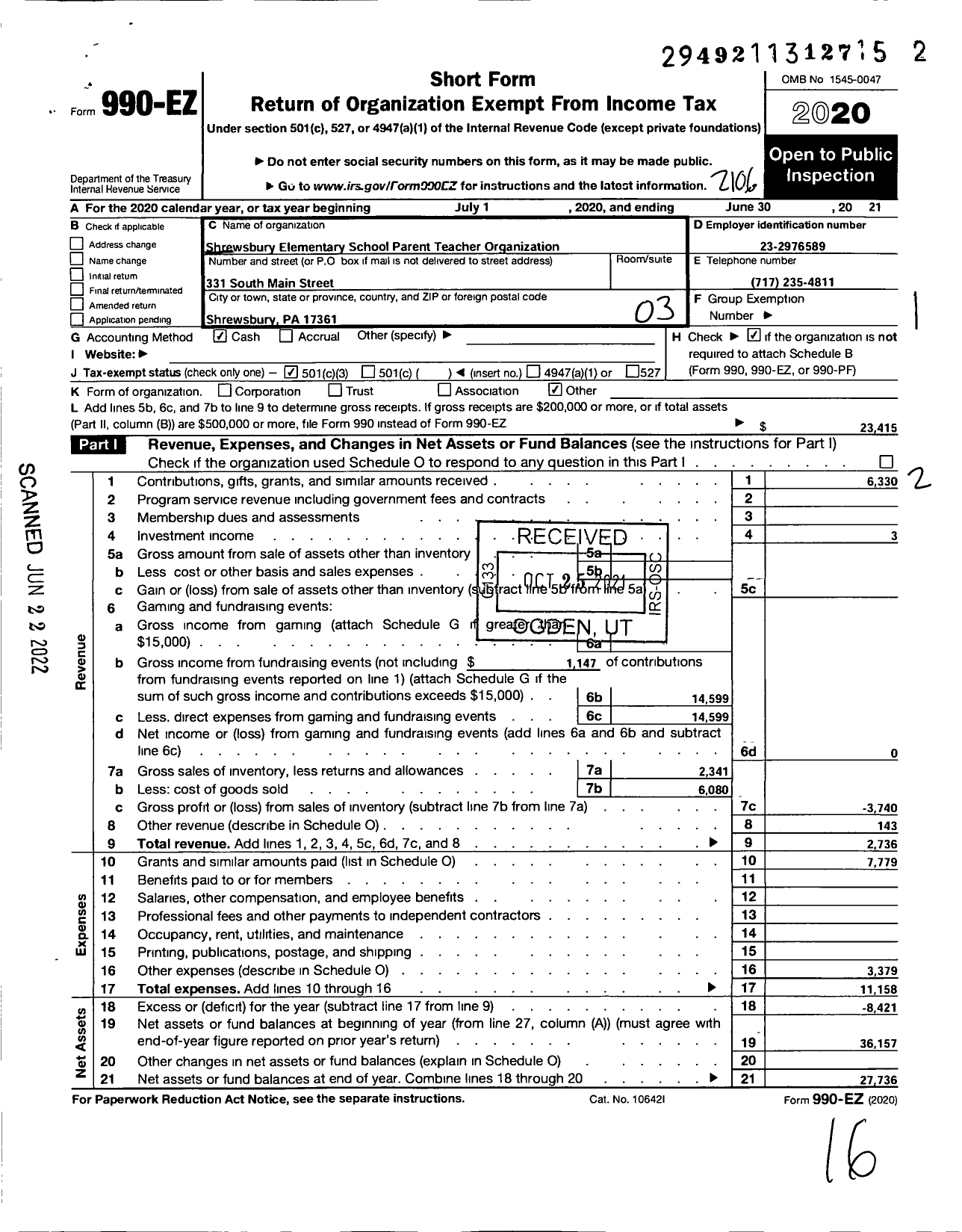 Image of first page of 2020 Form 990EZ for SHREWSBURY ELEMENTARY SCHOOL Parent Teacher Organization