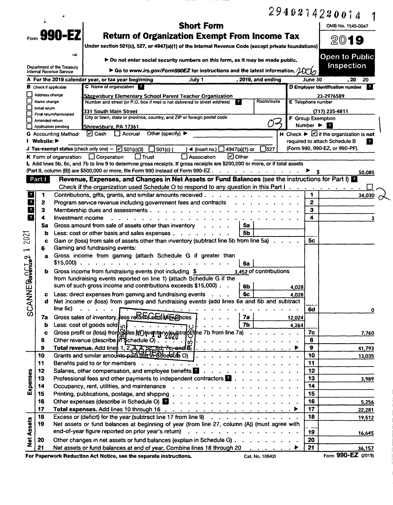 Image of first page of 2019 Form 990EZ for SHREWSBURY ELEMENTARY SCHOOL Parent Teacher Organization