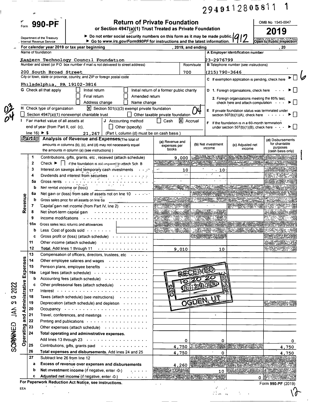 Image of first page of 2019 Form 990PF for Eastern Technology Council Foundation