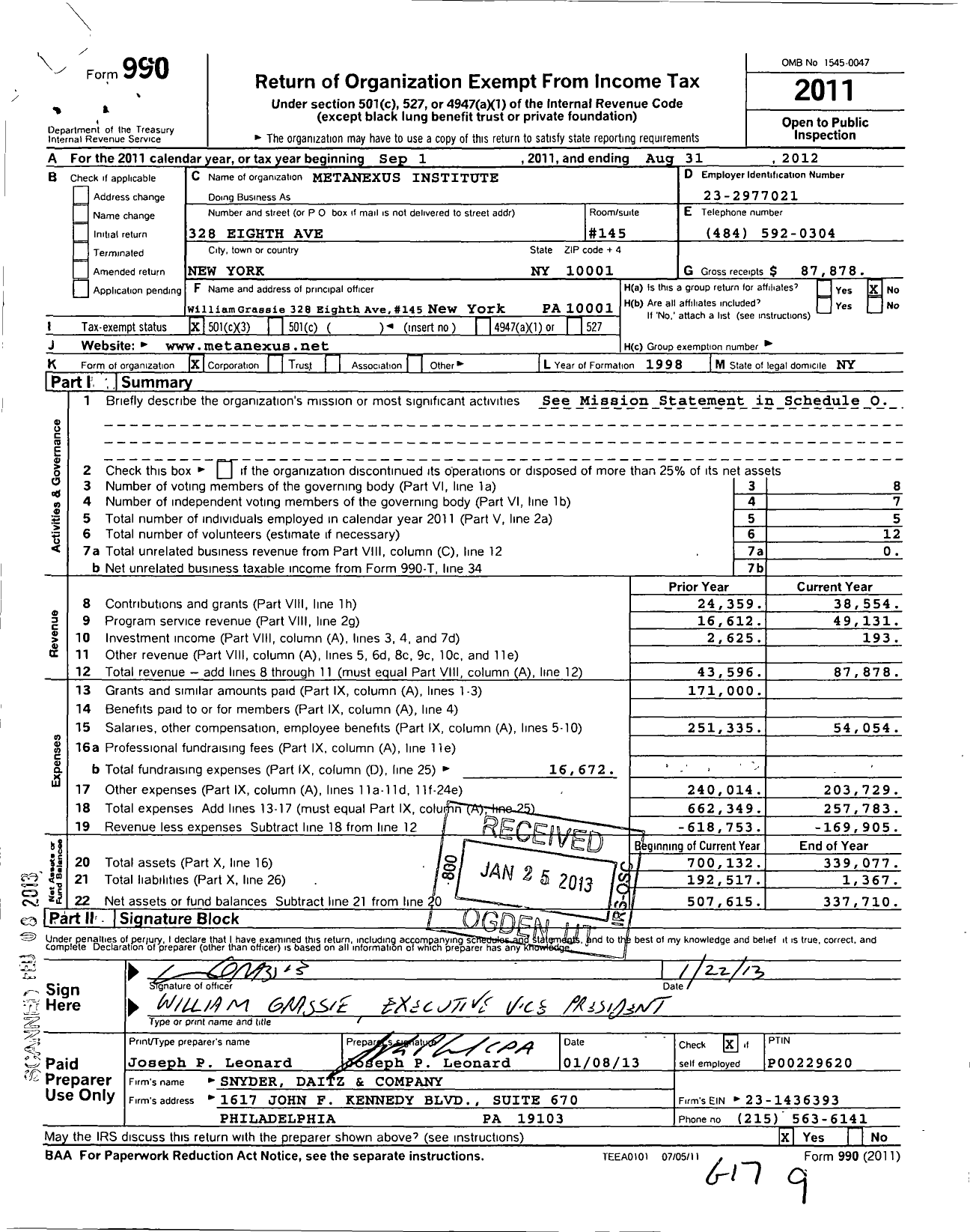 Image of first page of 2011 Form 990 for Metanexus Institute