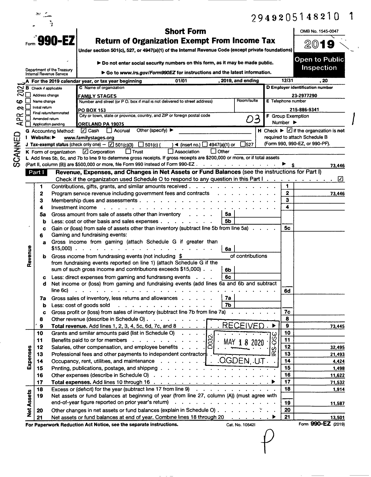 Image of first page of 2019 Form 990EZ for Family Stages