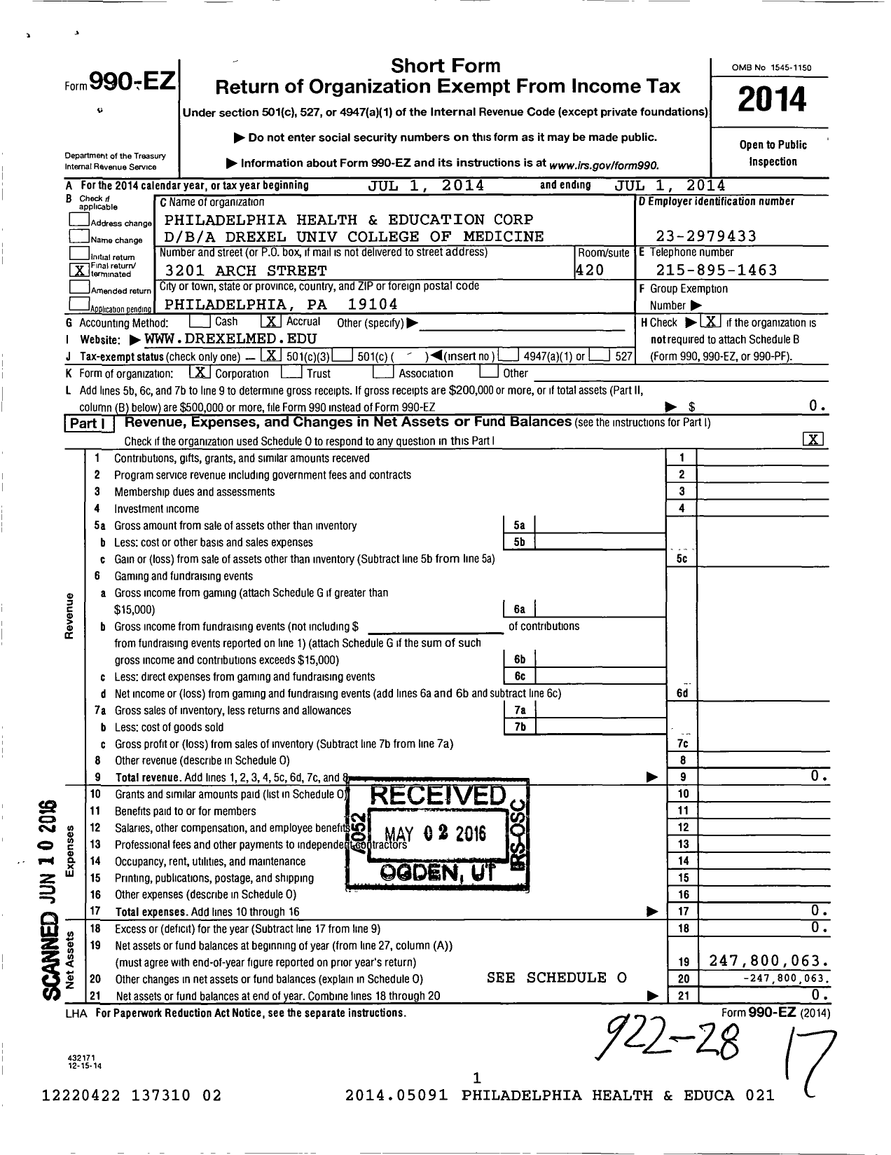 Image of first page of 2013 Form 990EZ for Drexel University College of Medicine