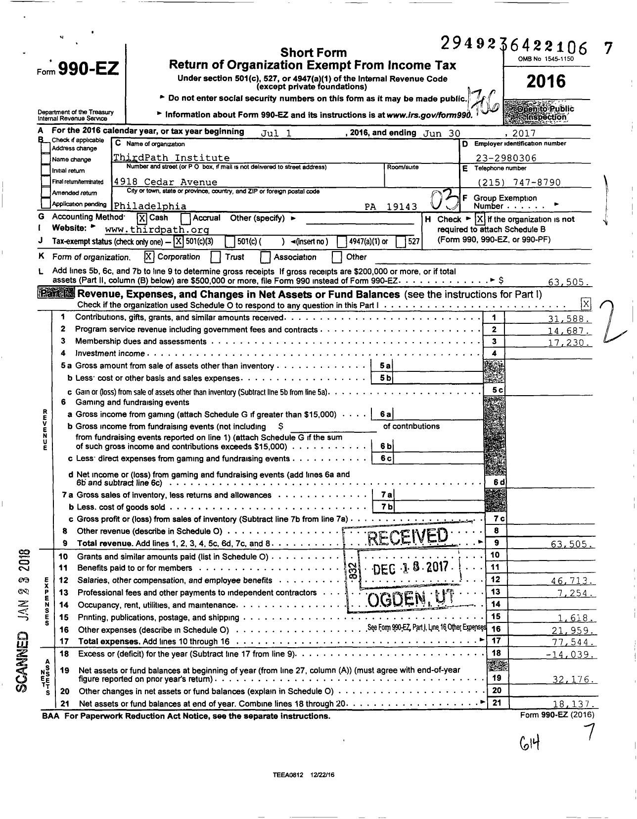 Image of first page of 2016 Form 990EZ for ThirdPath Institute