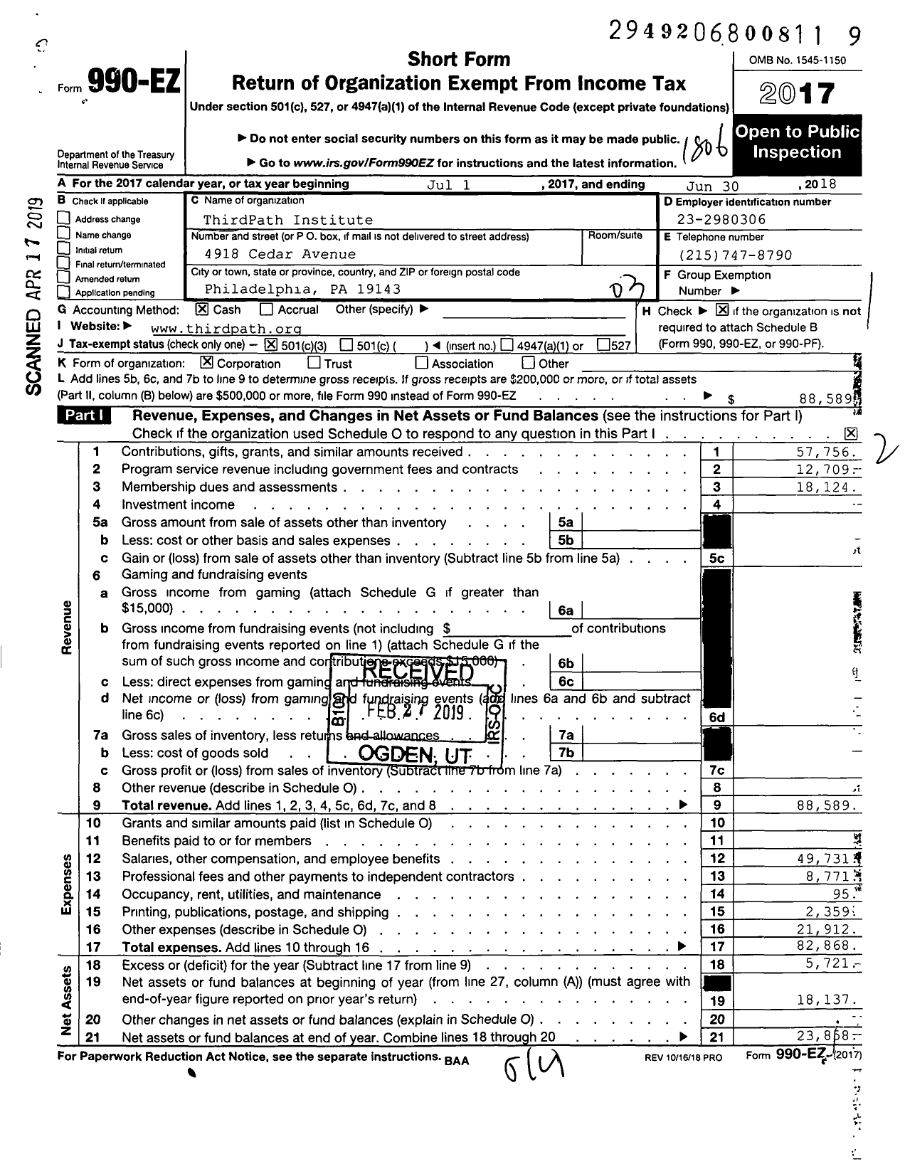 Image of first page of 2017 Form 990EZ for ThirdPath Institute