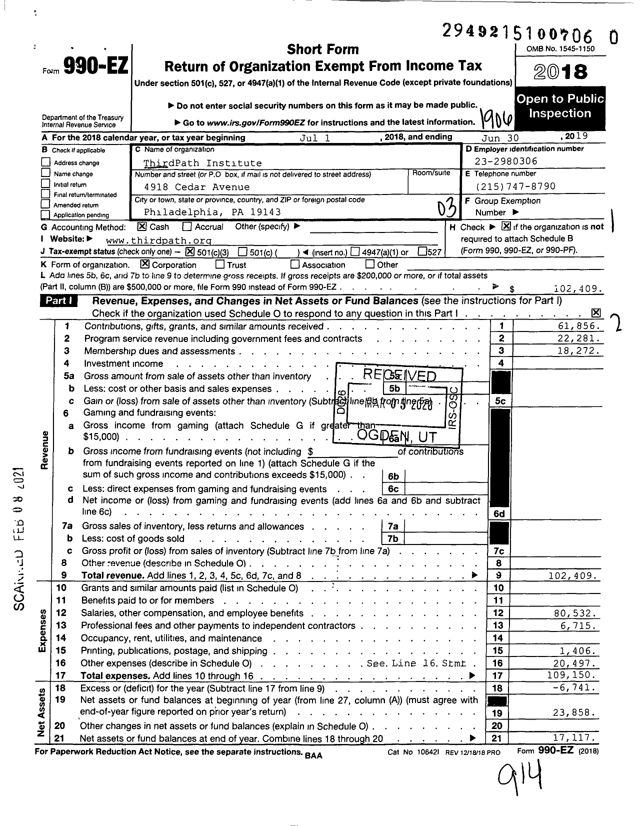 Image of first page of 2018 Form 990EZ for ThirdPath Institute