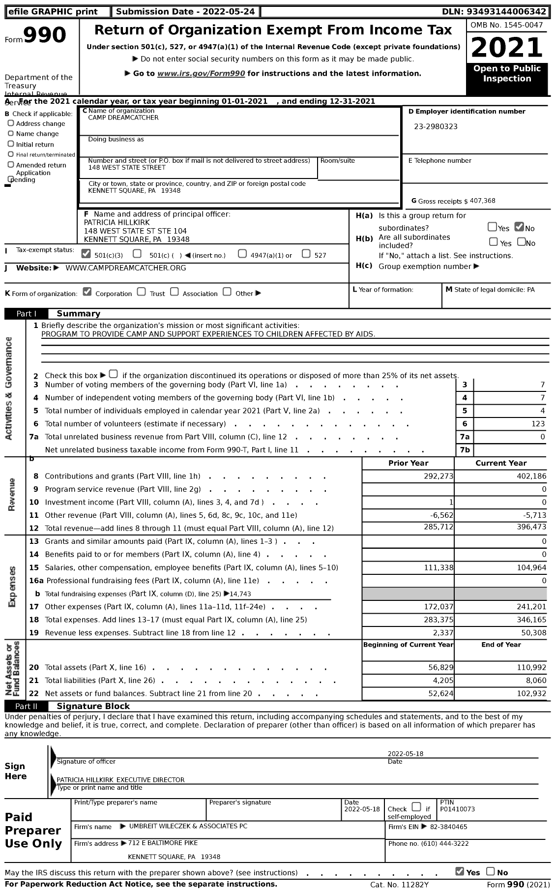 Image of first page of 2021 Form 990 for Camp Dreamcatcher