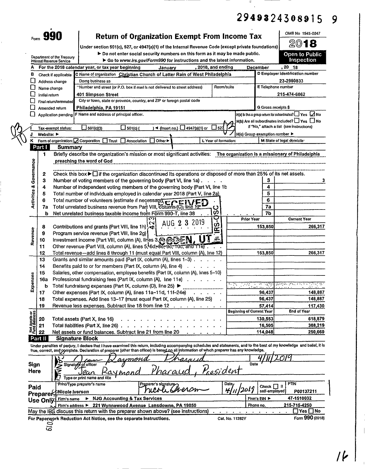 Image of first page of 2018 Form 990 for Christian Church of Latter Rain of West Philadelphia