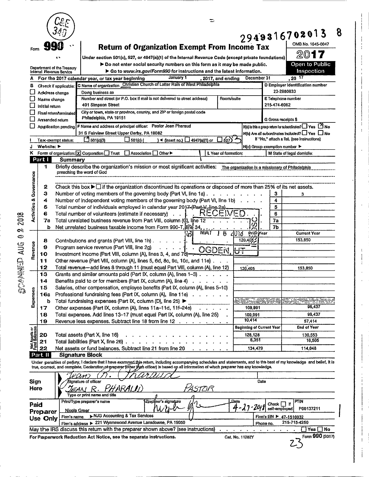 Image of first page of 2017 Form 990 for Christian Church of Latter Rain of West Philadelphia