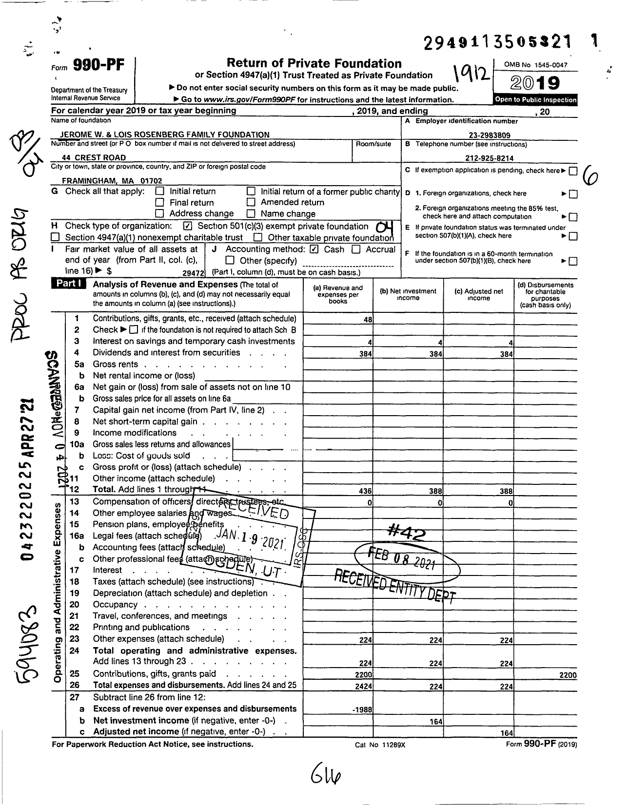 Image of first page of 2019 Form 990PF for Jerome W & Lois Rosenberg Family Foundation