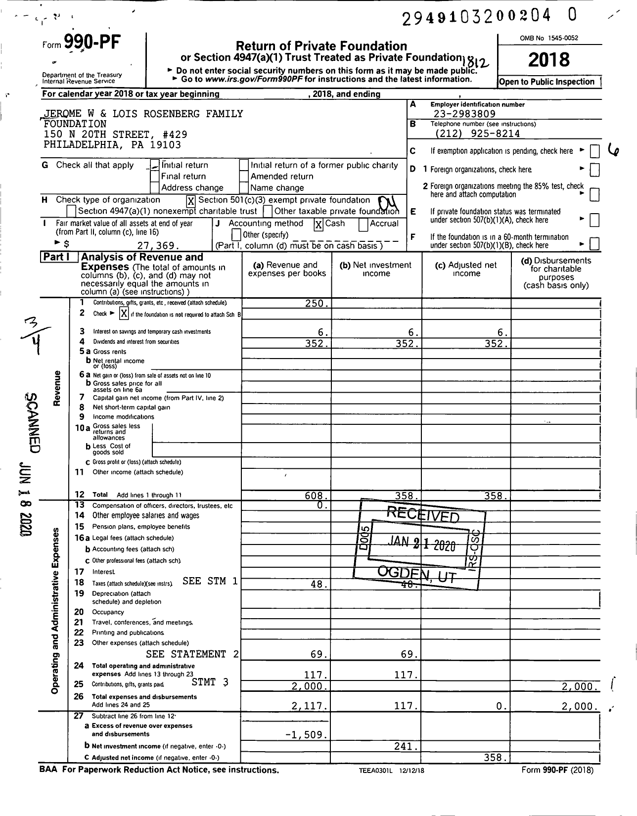 Image of first page of 2018 Form 990PR for Jerome W & Lois Rosenberg Family Foundation