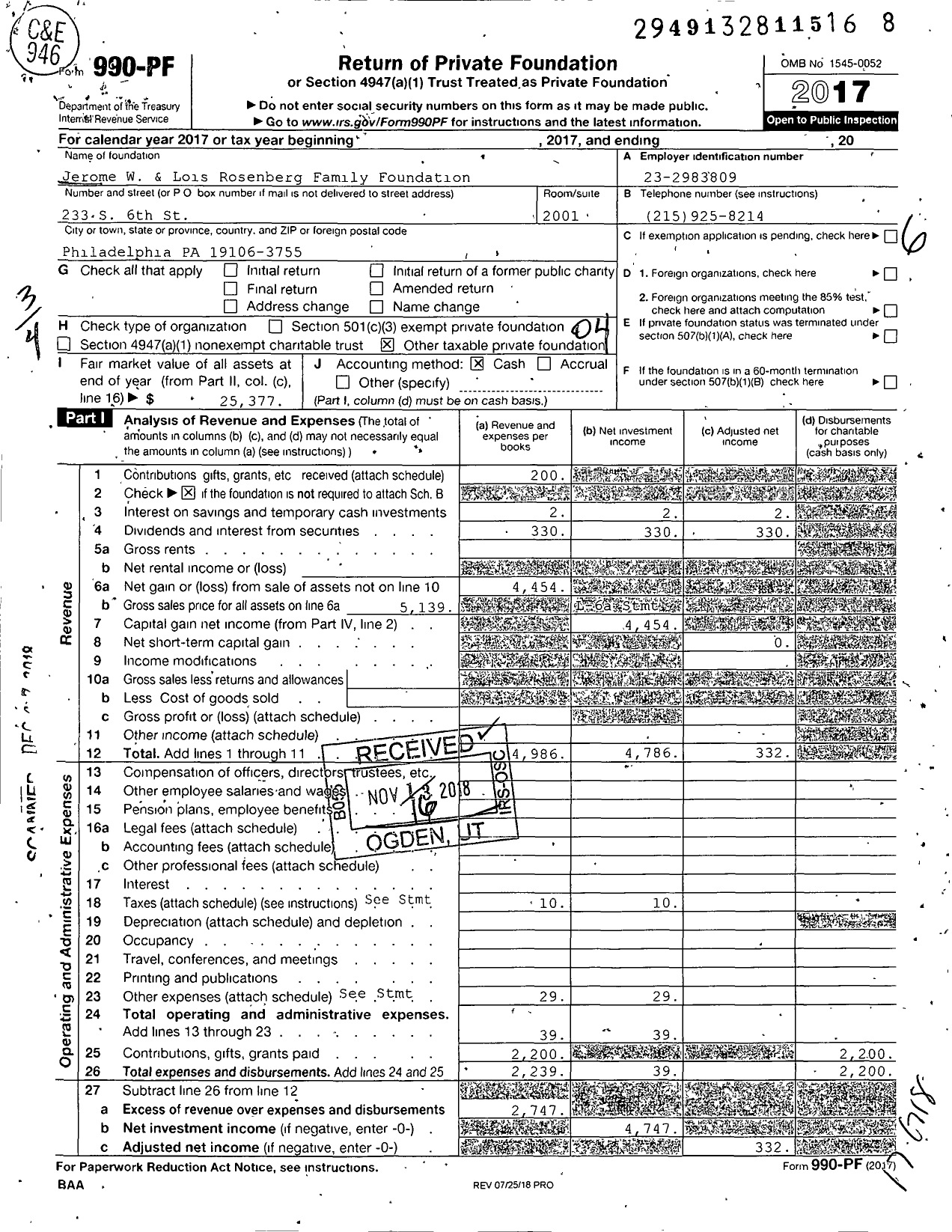 Image of first page of 2017 Form 990PF for Jerome W & Lois Rosenberg Family Foundation