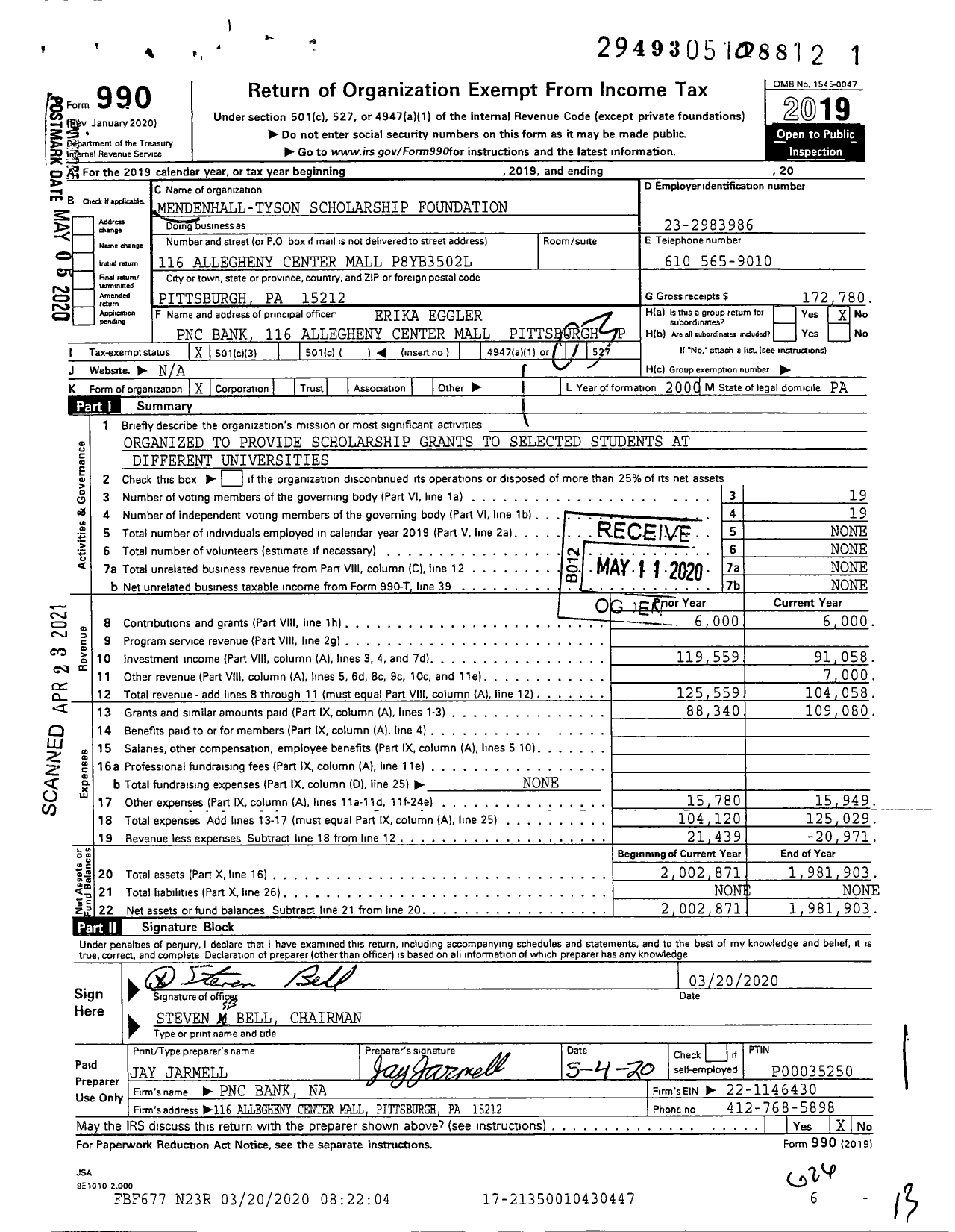 Image of first page of 2019 Form 990 for Mendenhall - Tyson Scholarship Foundation