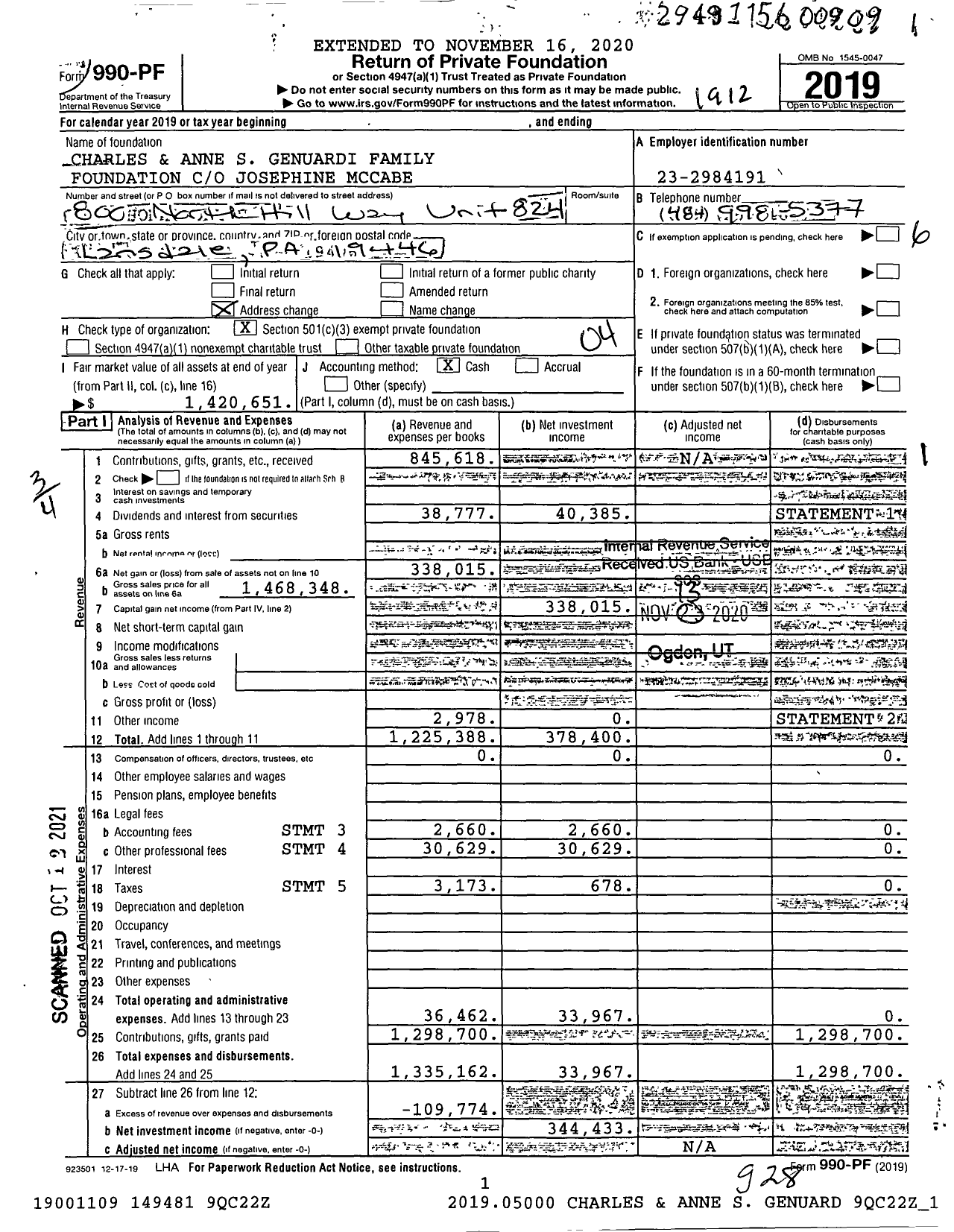 Image of first page of 2019 Form 990PF for Charles and Anne S Genuardi Family Foundation