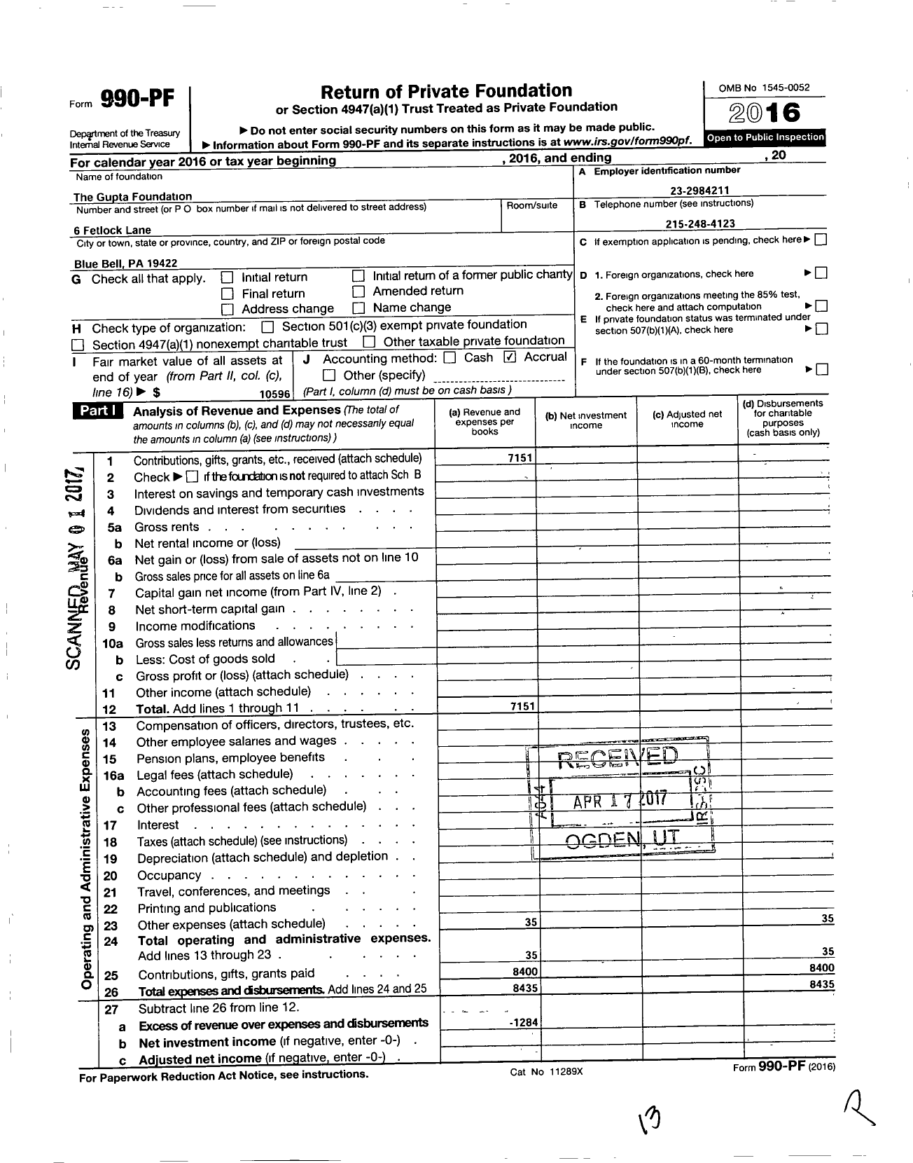 Image of first page of 2016 Form 990PF for The Gupta Foundation