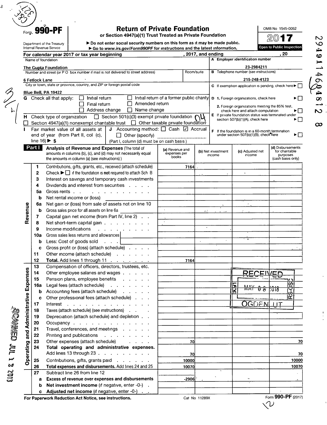 Image of first page of 2017 Form 990PF for The Gupta Foundation