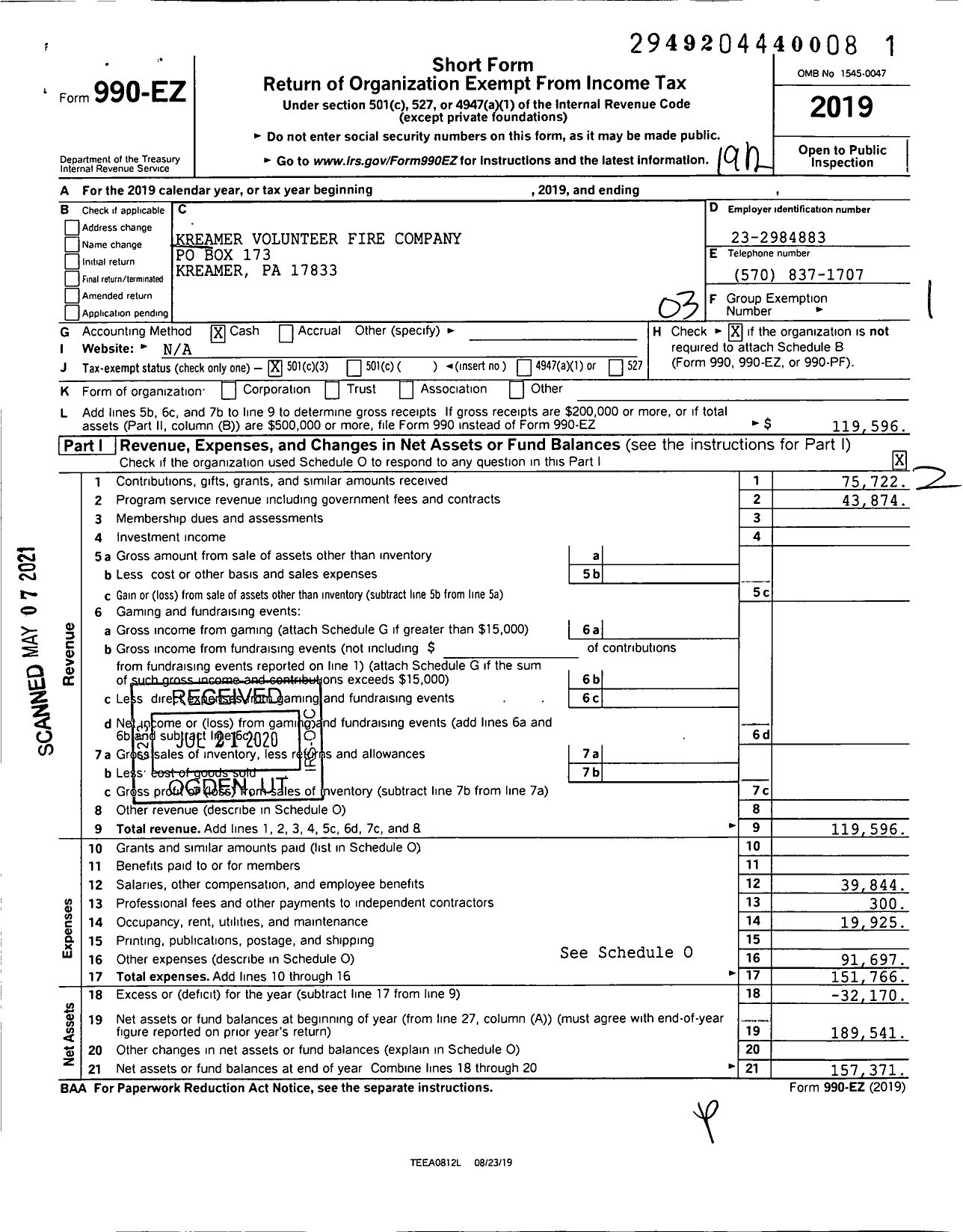 Image of first page of 2019 Form 990EZ for Kreamer Volunteer Fire Company