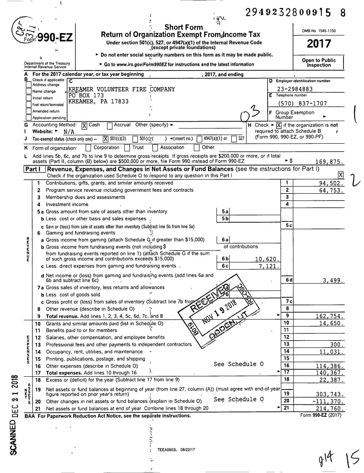 Image of first page of 2017 Form 990EZ for Kreamer Volunteer Fire Company