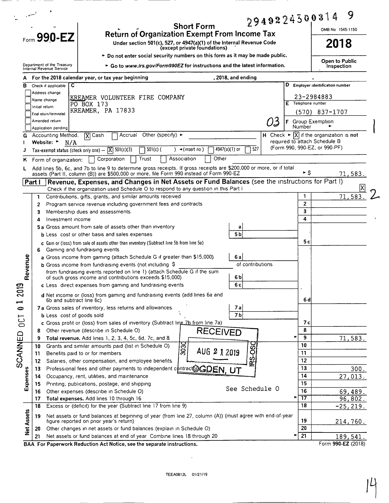 Image of first page of 2018 Form 990EZ for Kreamer Volunteer Fire Company