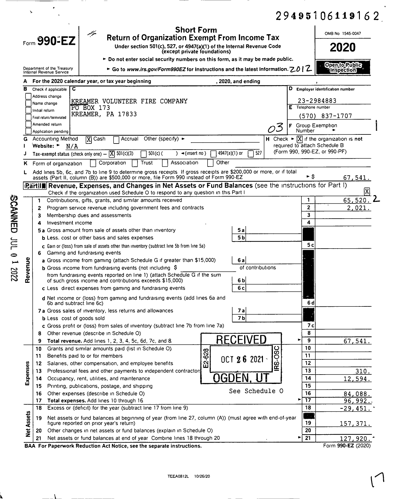 Image of first page of 2020 Form 990EZ for Kreamer Volunteer Fire Company