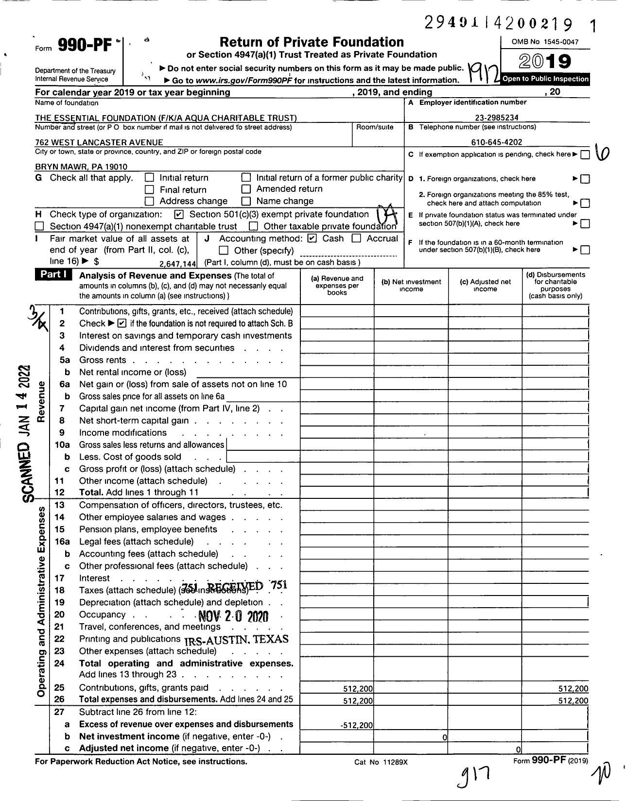 Image of first page of 2019 Form 990PF for The Essential Foundation