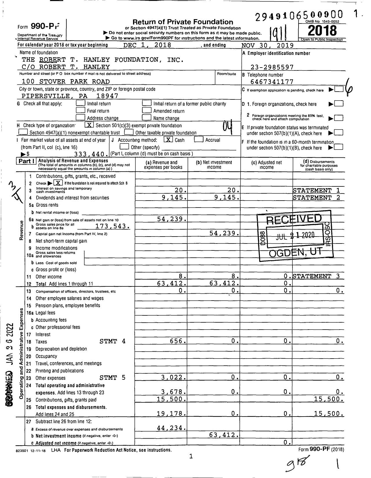 Image of first page of 2018 Form 990PF for The Robert T Hanley Foundation